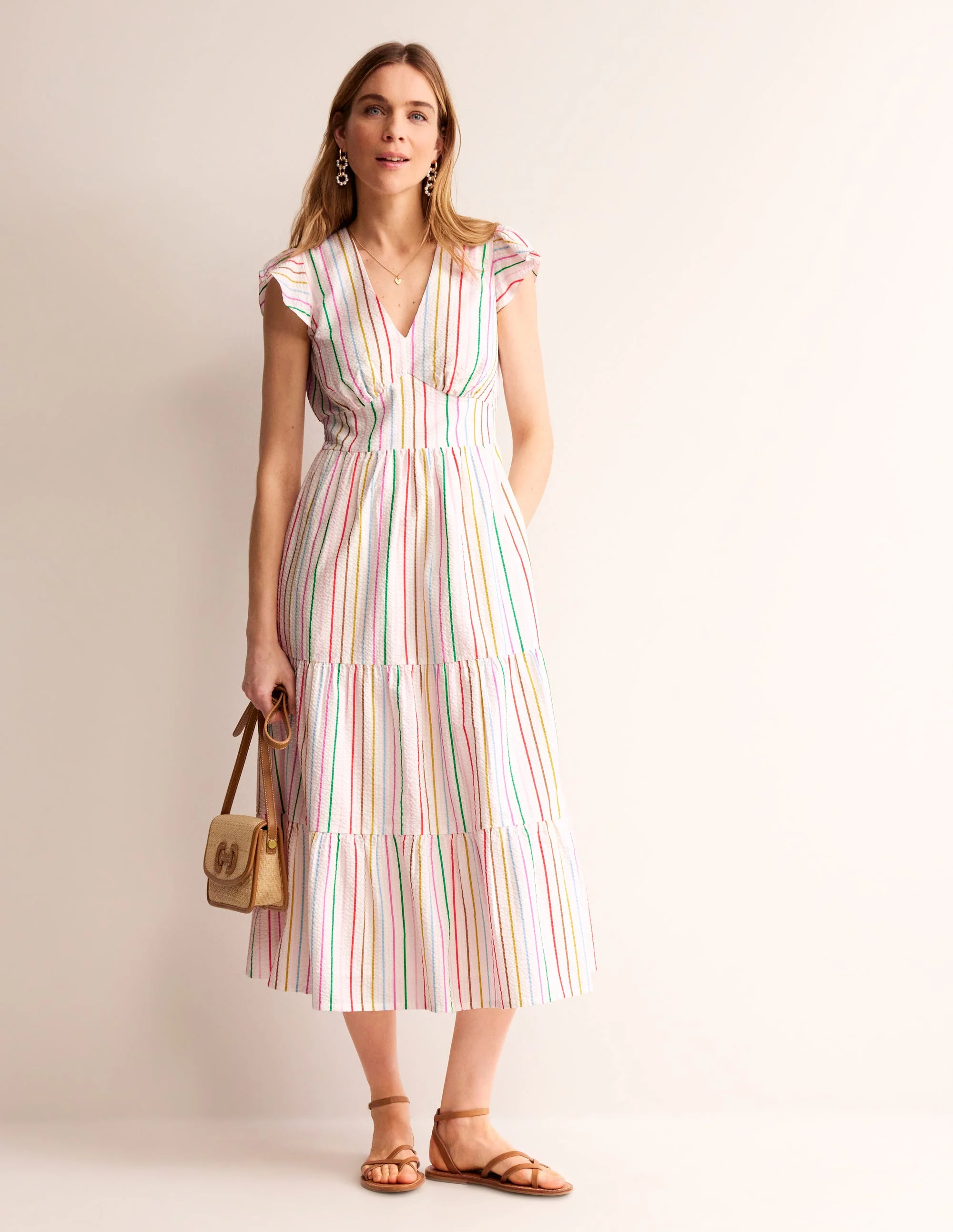 May Cotton Midi Tea Dress-Rainbow Seersucker Stripe - Image 4