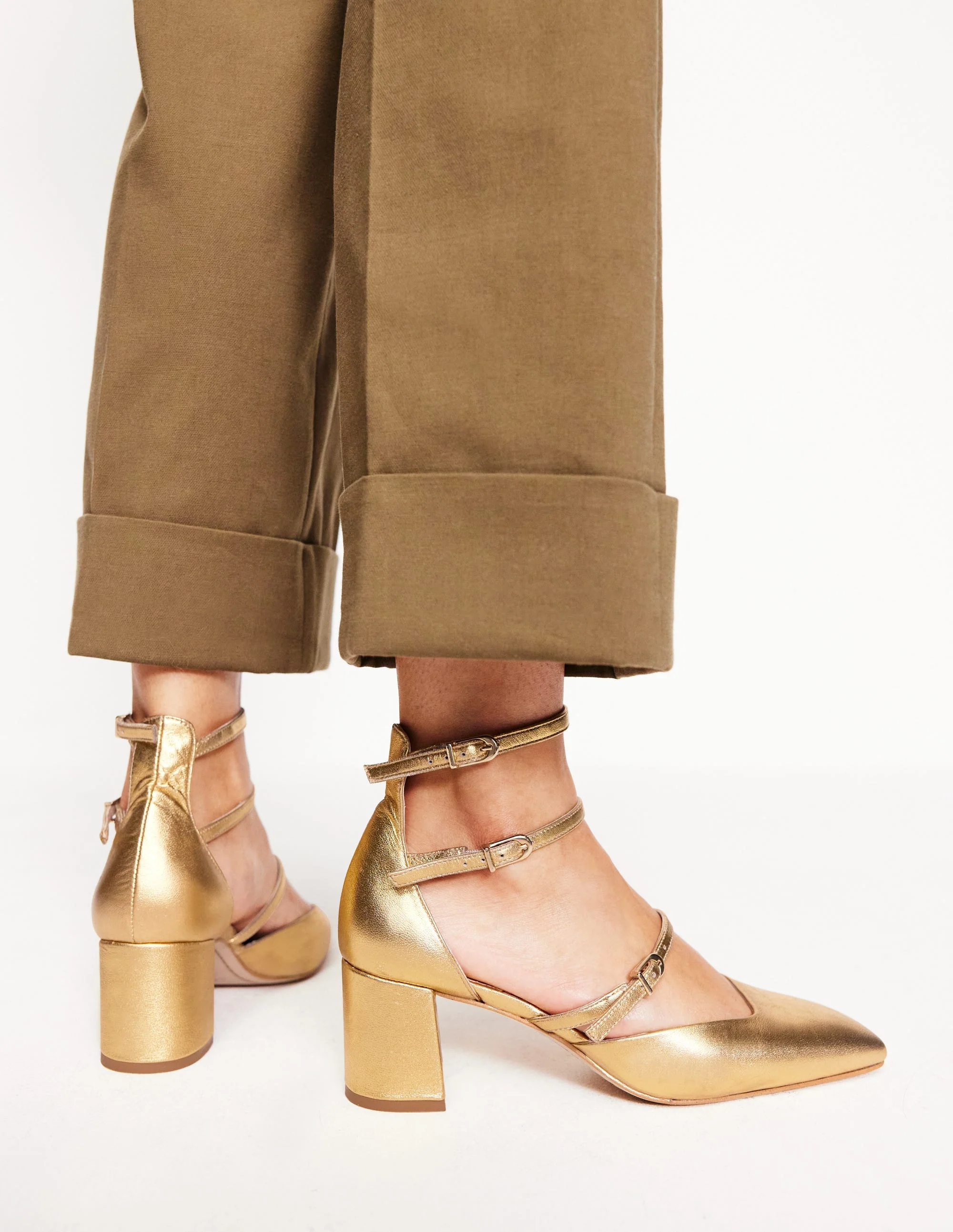 Multi Strap Block Heel Pump-Gold - Image 2