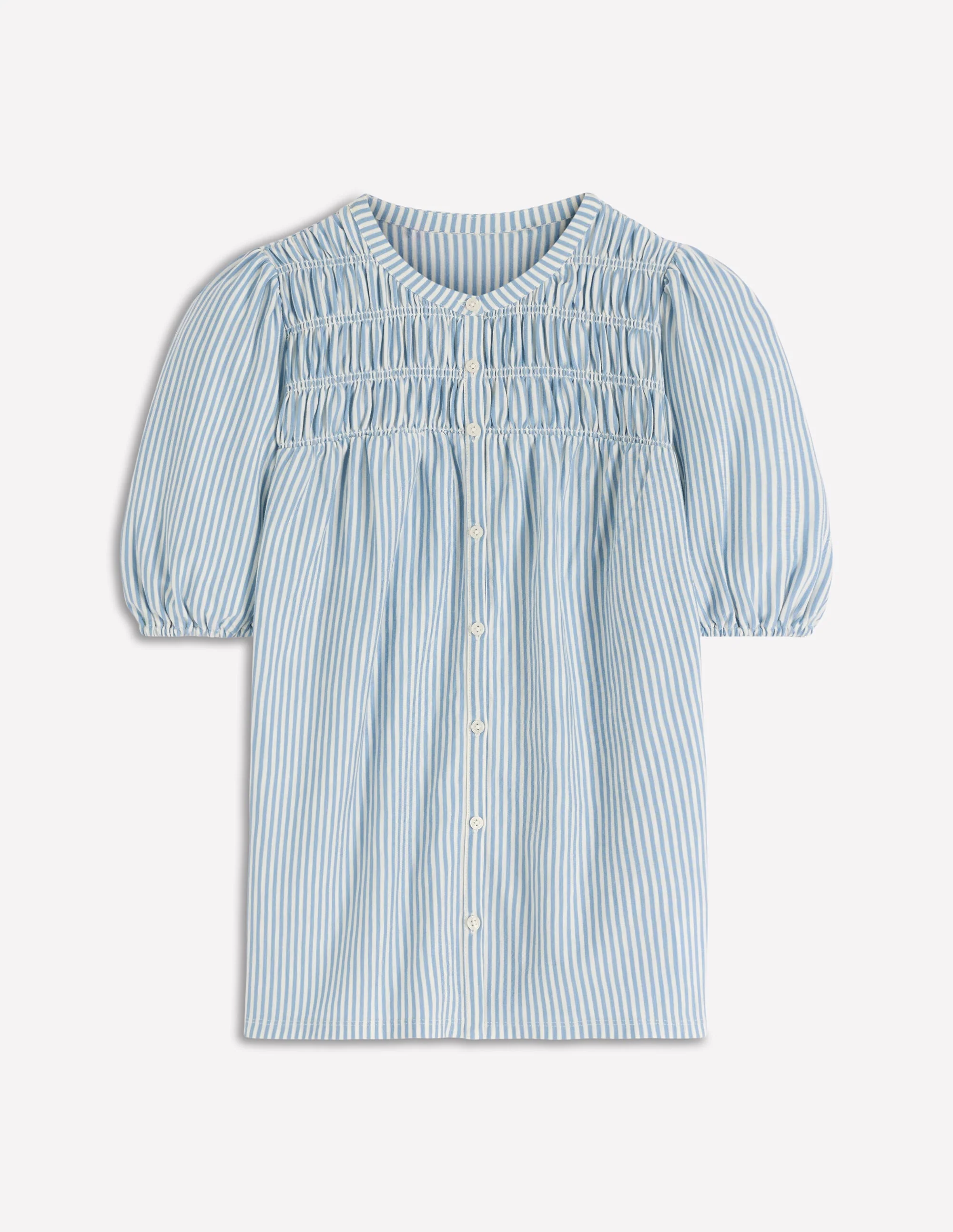 Mya Short Sleeve Smocked Shirt-French Blue and Ivory Stripe - Image 5