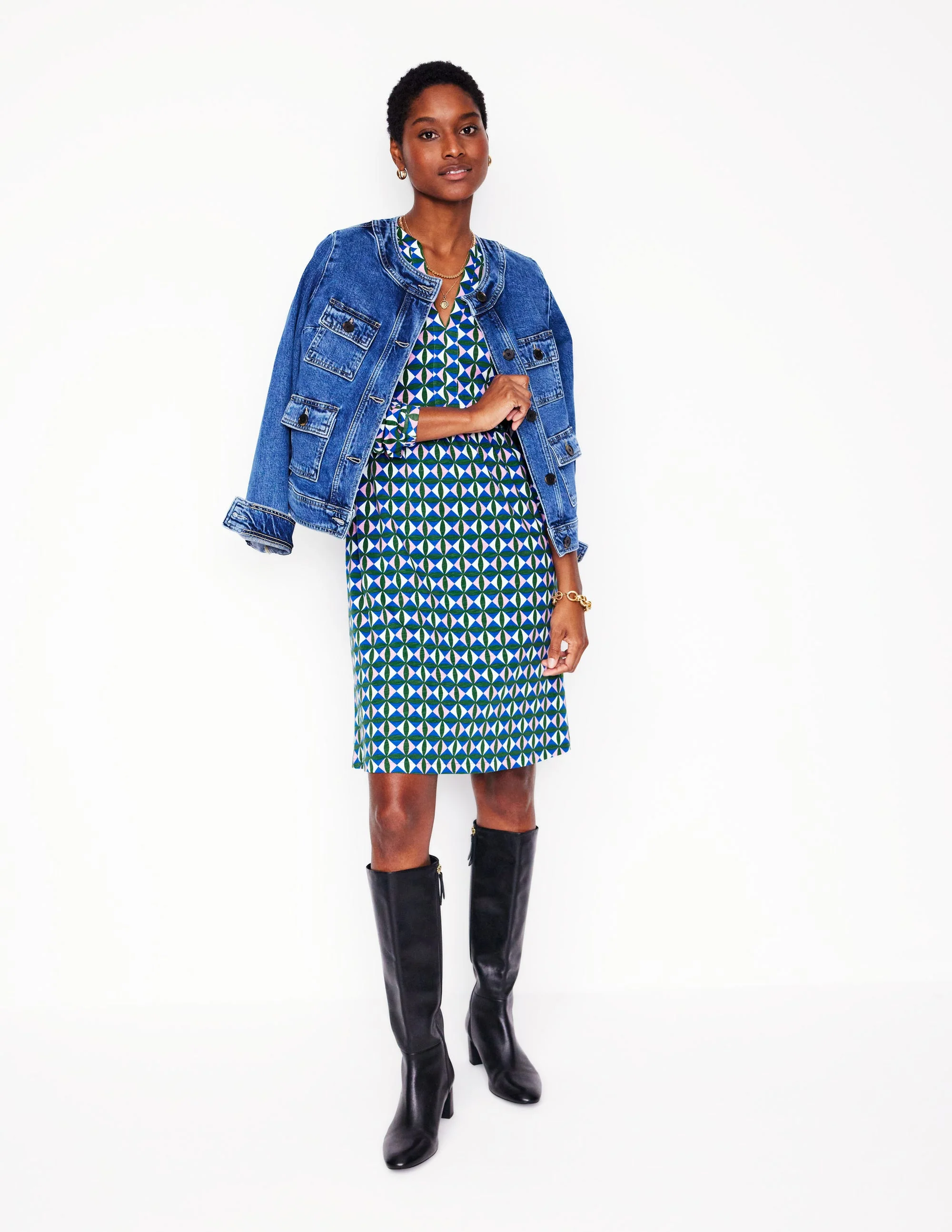 Naomi Relaxed Jersey Dress-Promenade Green, Petal Check - Image 4