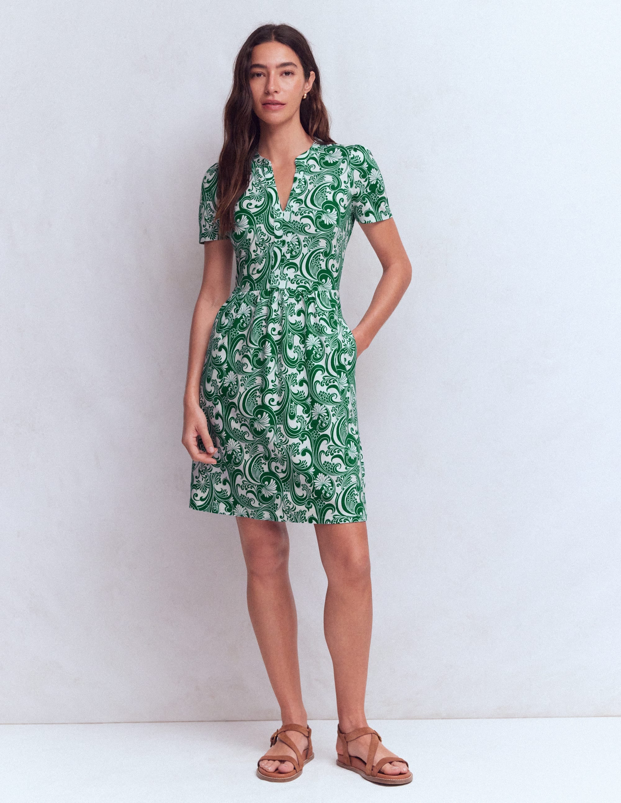 Naomi Short Sleeve Dress-Jewel Green, Foliage Whirl - Image 6
