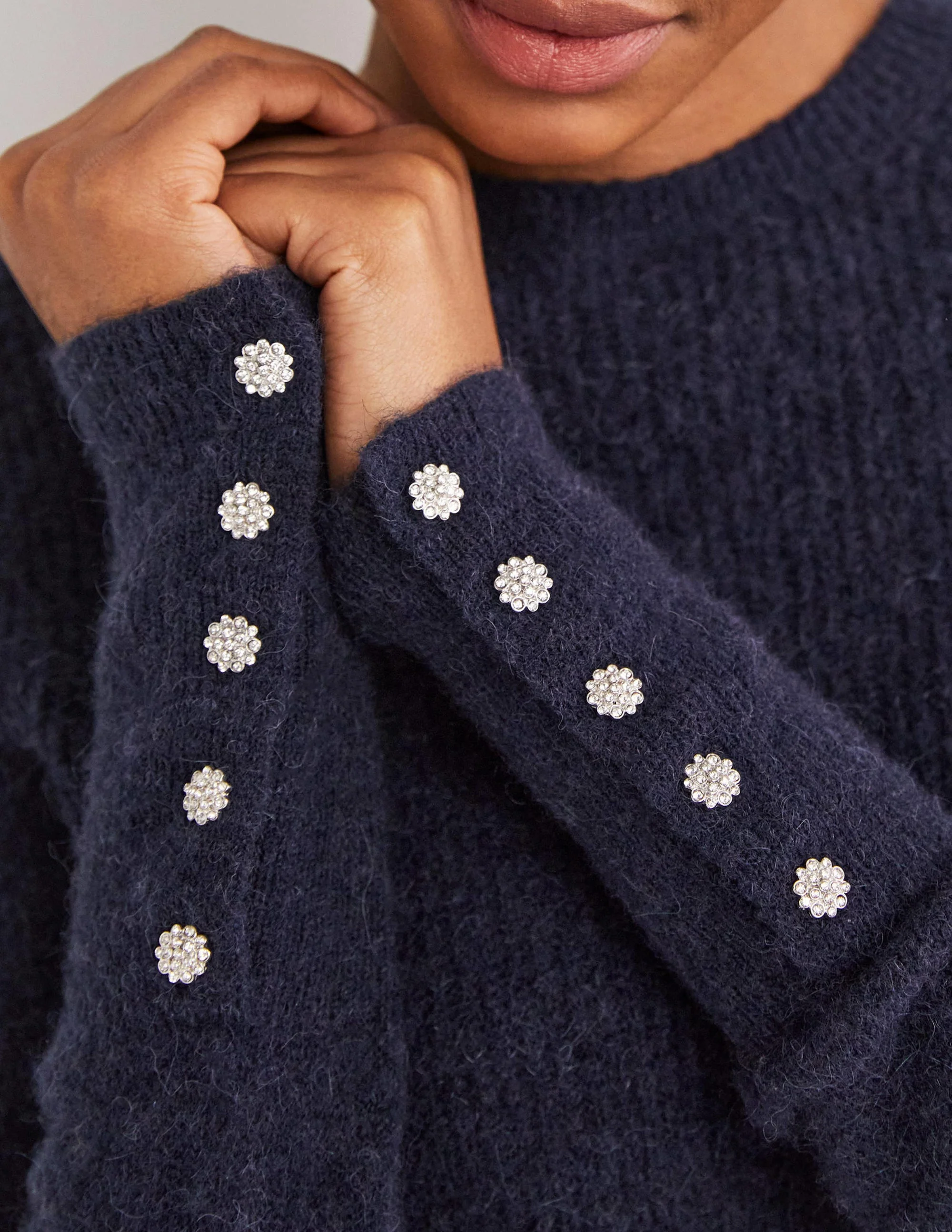 Navy Jewel Button Fluffy Jumper-Navy - Image 2