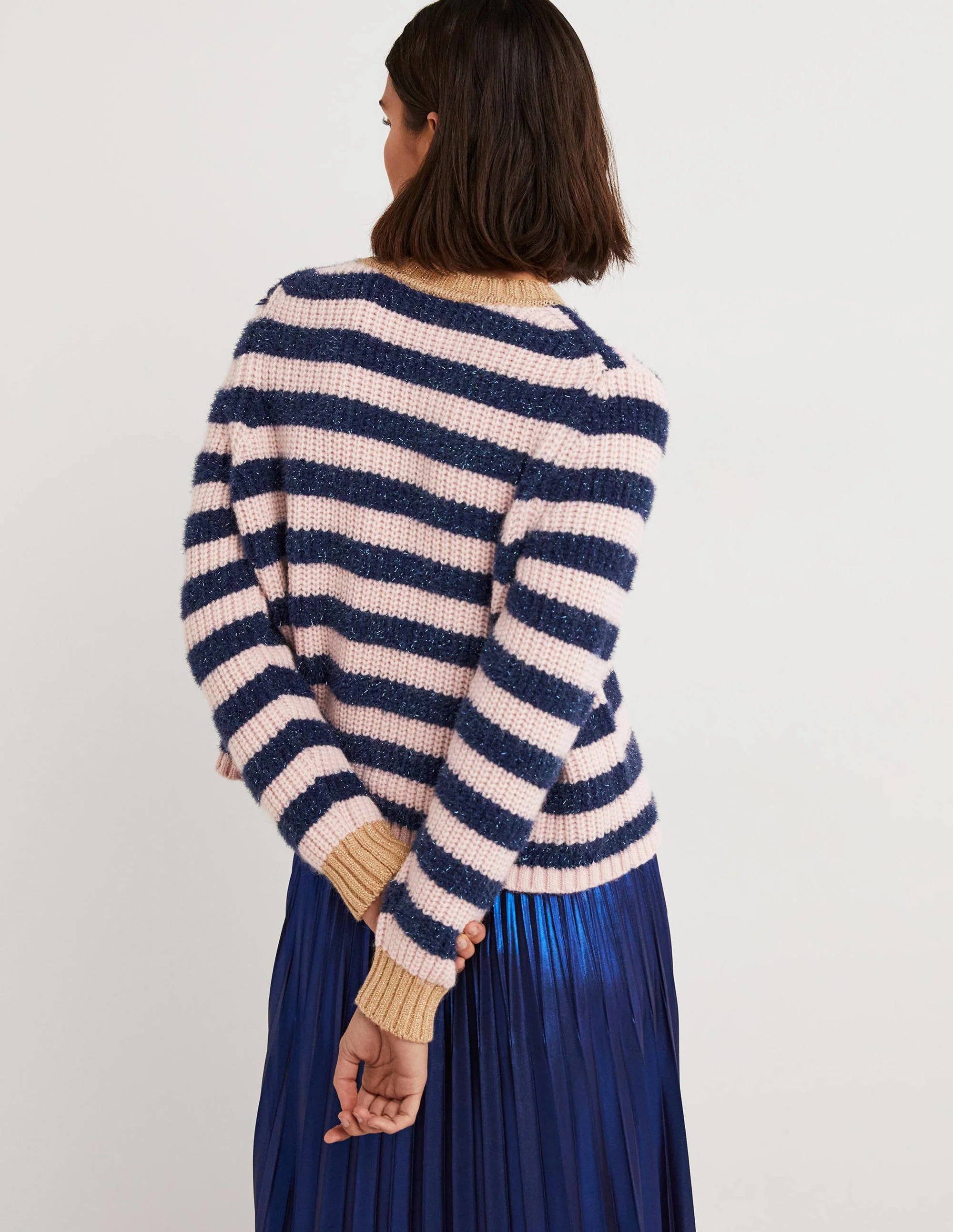 Navy Sparkle Stripe Ribbed Jumper-Navy, Pink Tinsel Stripe - Image 3