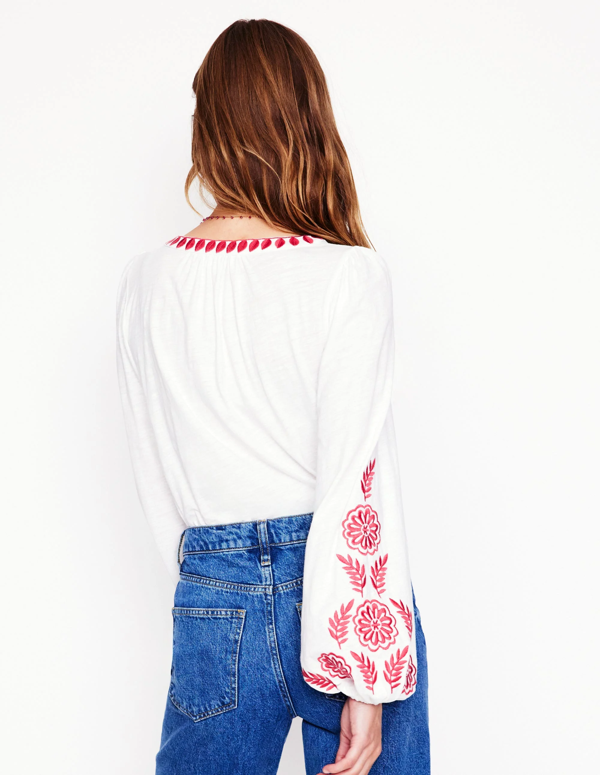 Nia Embroidered Top-White, Berry Red - Image 4
