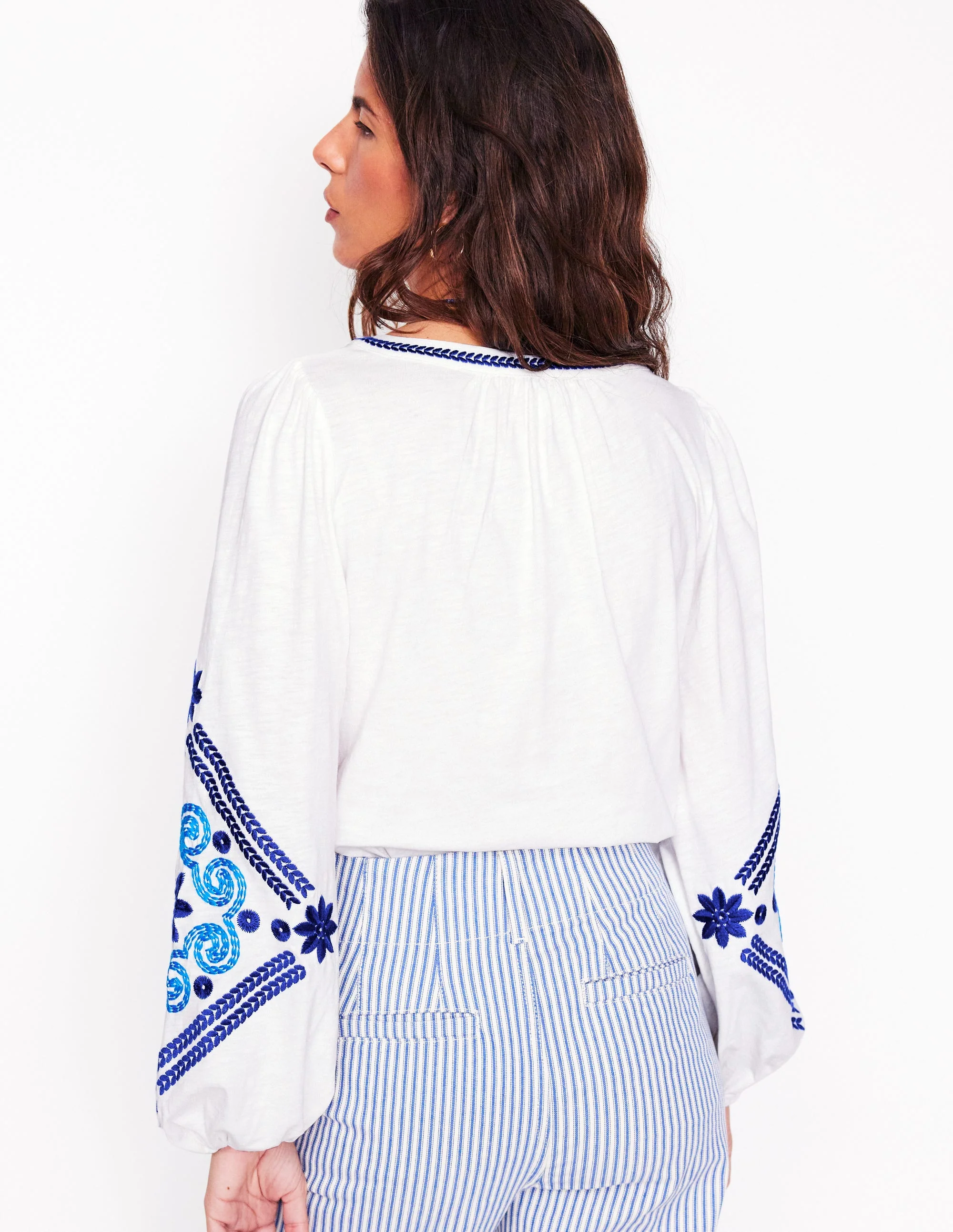 Nia Embroidered Top-White, Blue - Image 6
