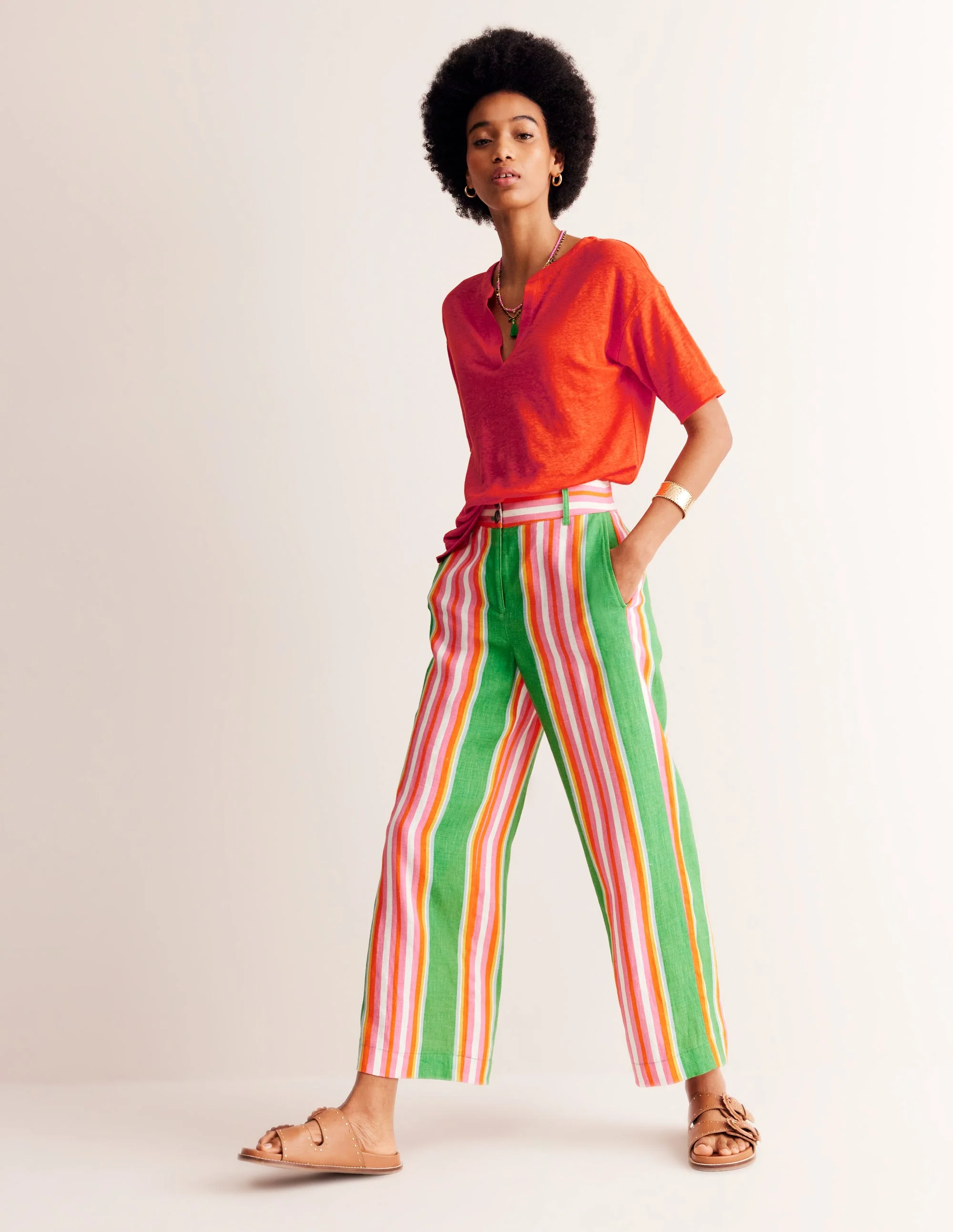 Notch Neck Linen Henley Top-Mandarin Orange - Image 4