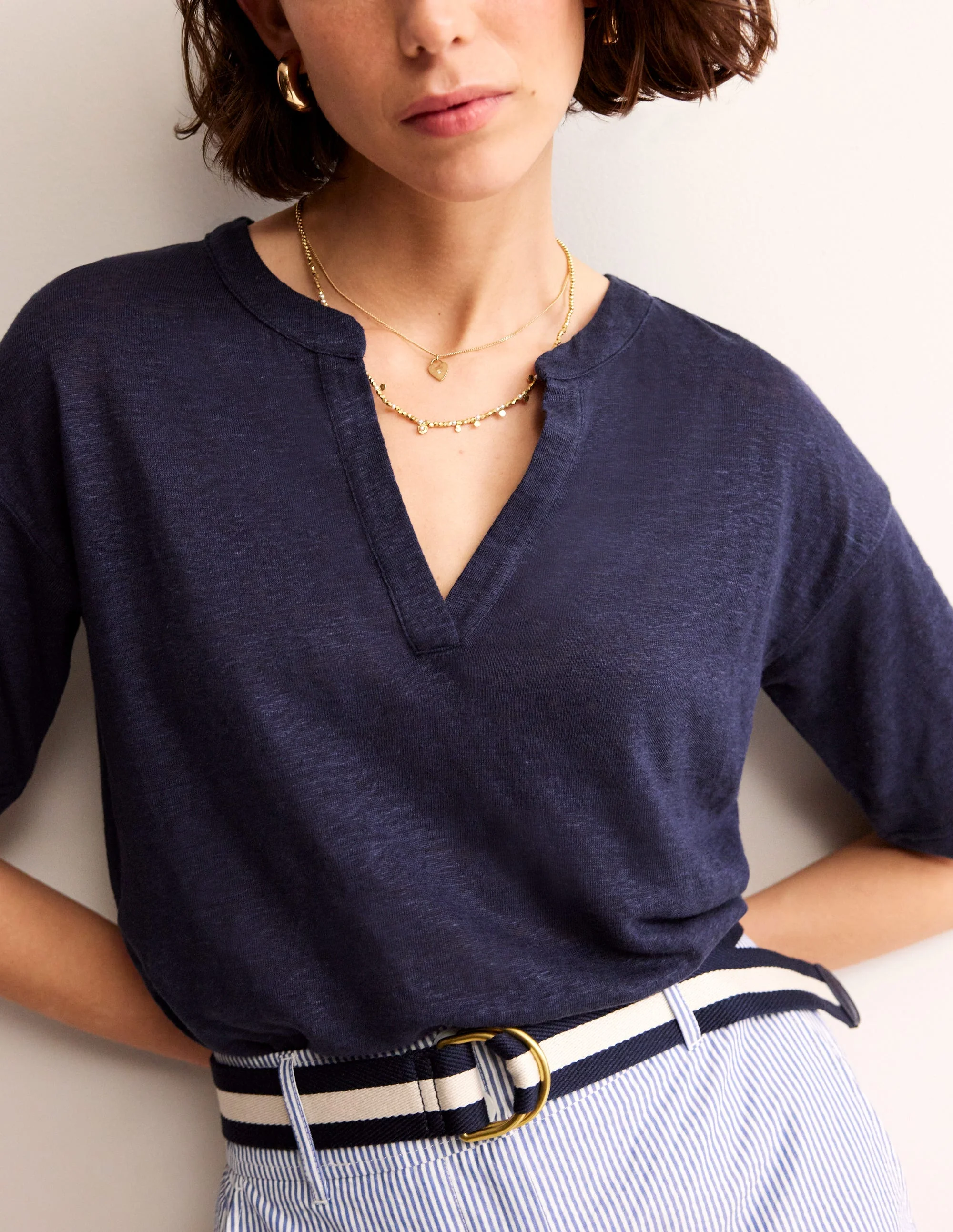 Notch Neck Linen Henley Top-Navy - Image 2
