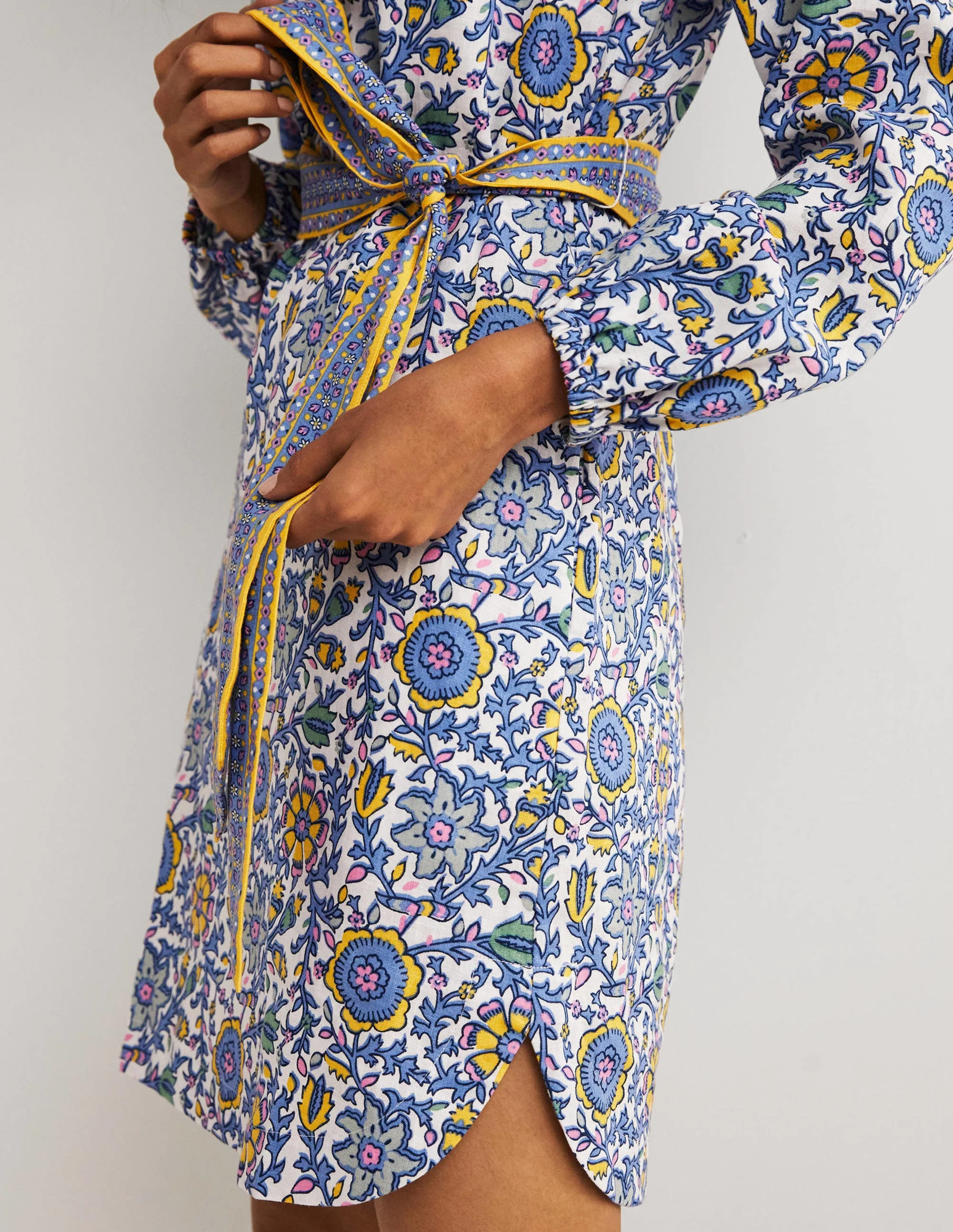 Notch Neck Linen Mini Dress-Riviera Blue, Enchanting Twig - Image 2