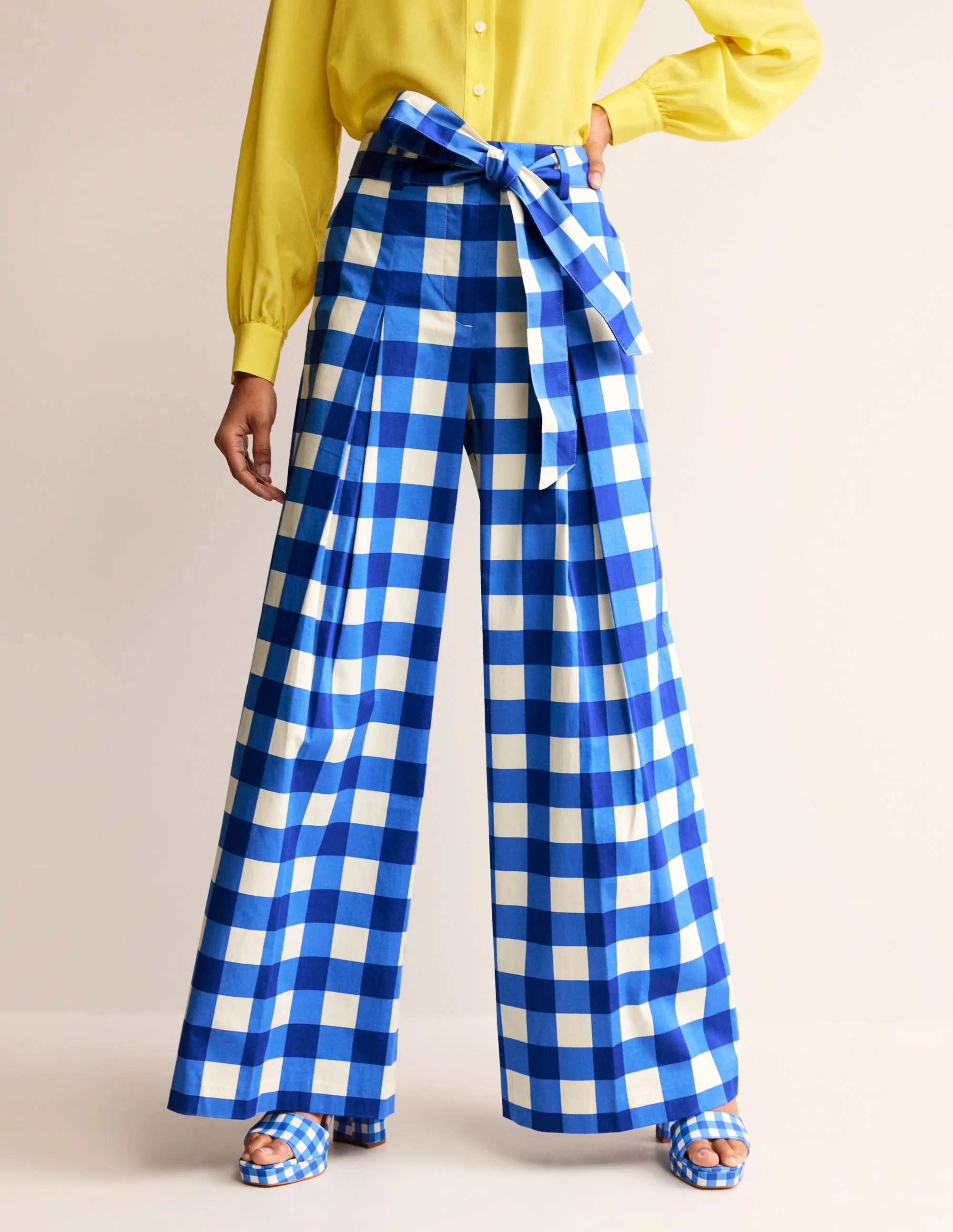 Palazzo Cotton Sateen Trousers-Nautical Blue & Ivory Gingham - Image 4