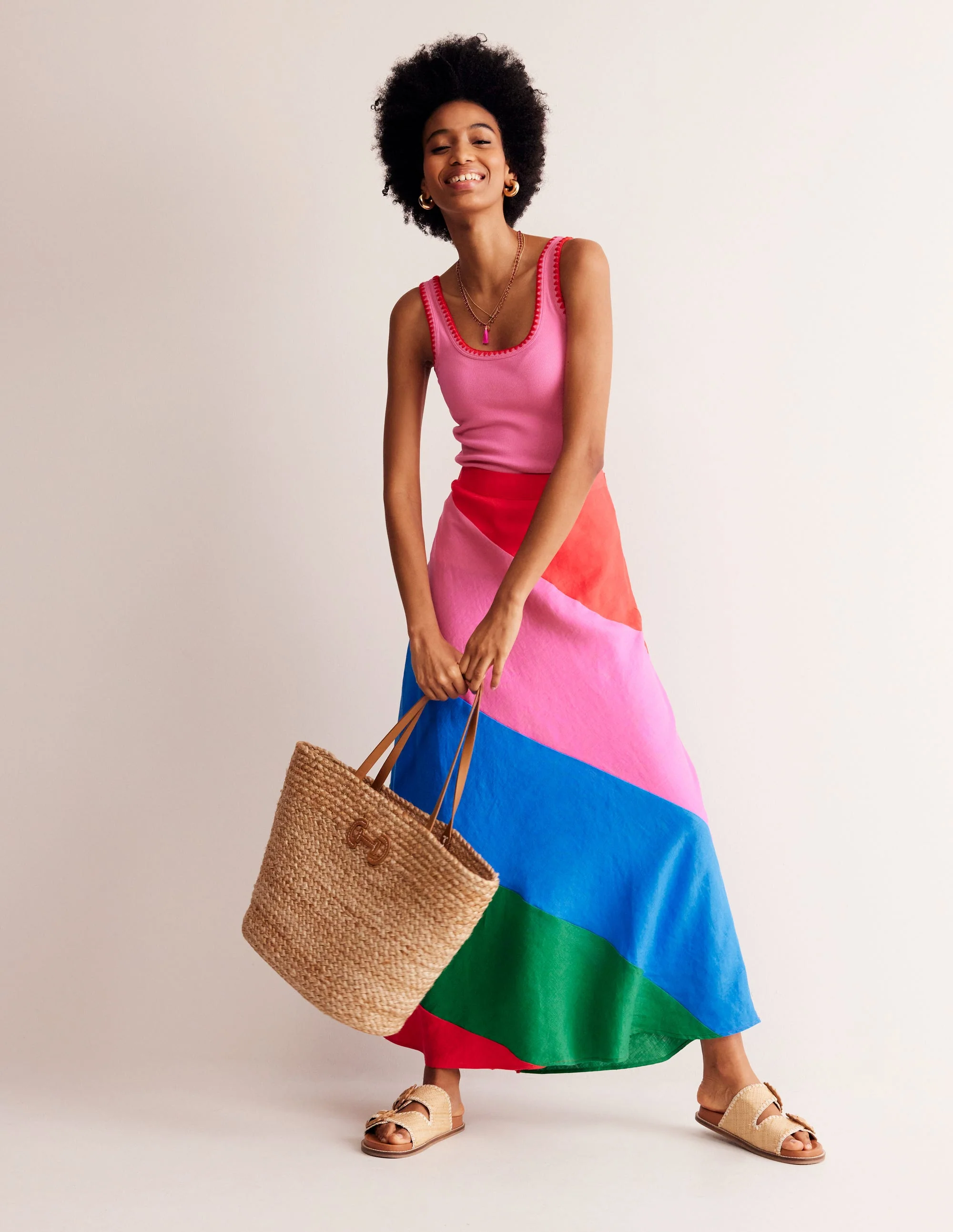 Patchwork Linen Bias Skirt-Multi