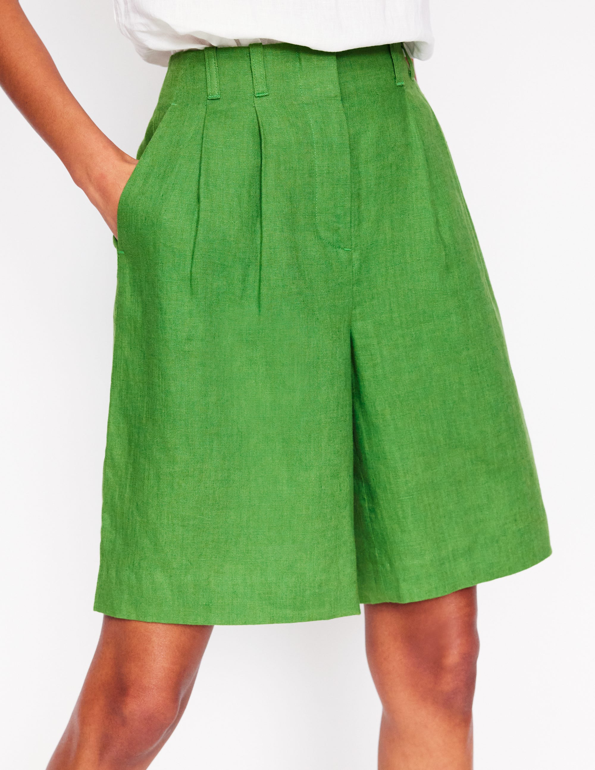 Pleat Linen Wide Leg Shorts-Green - Image 5