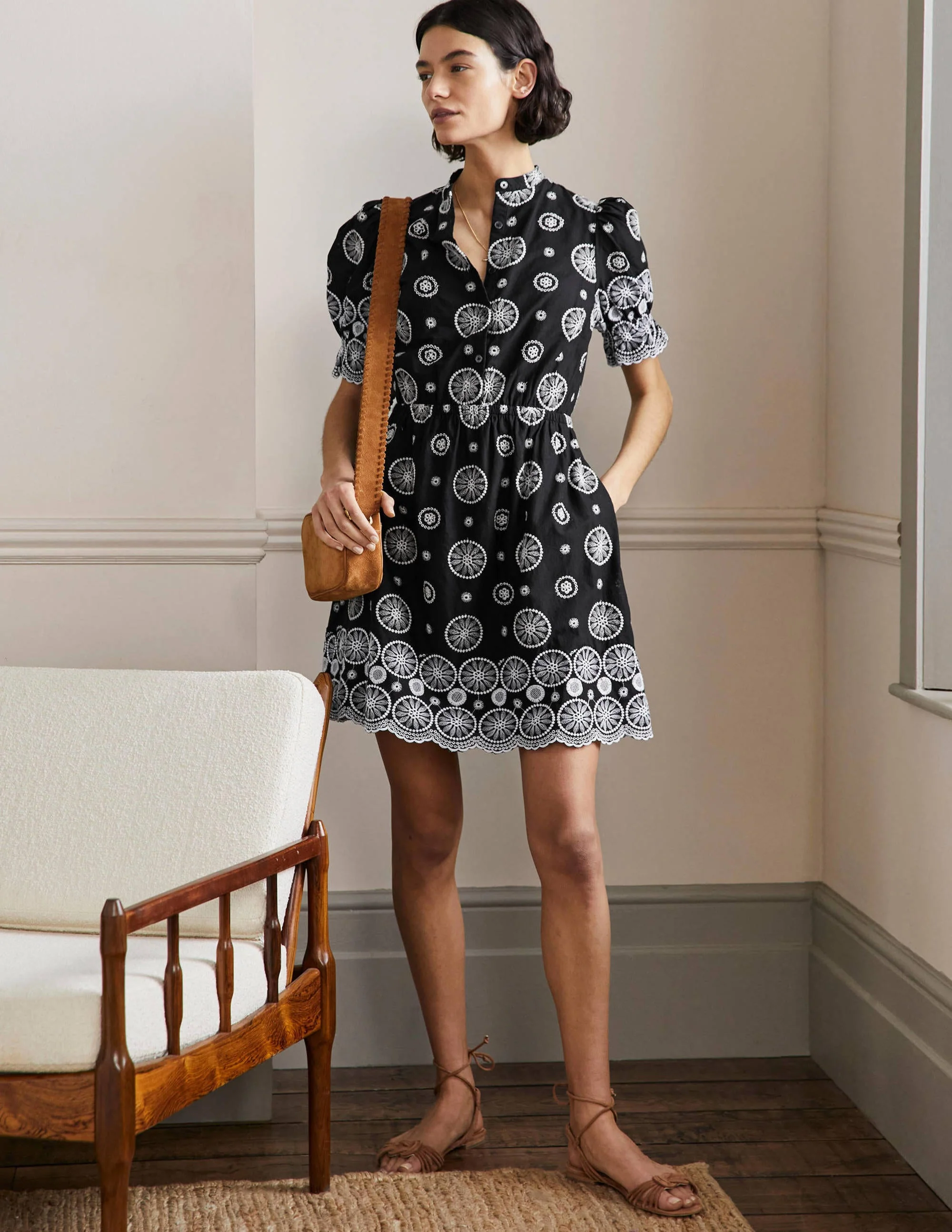 Puff Sleeve Broderie Dress-Black - Image 4