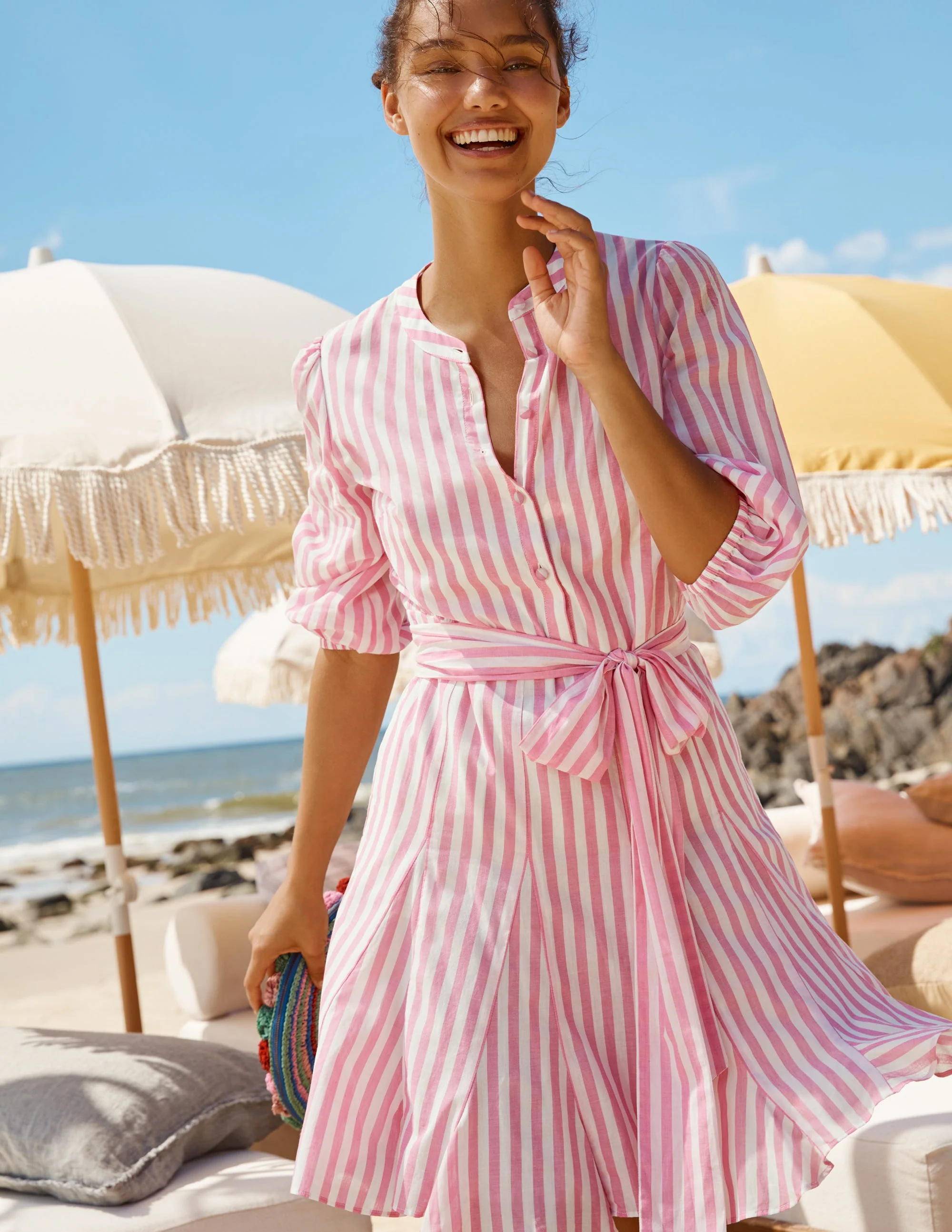 Puff Sleeve Cotton Dress-Party Pink Stripe - Image 5