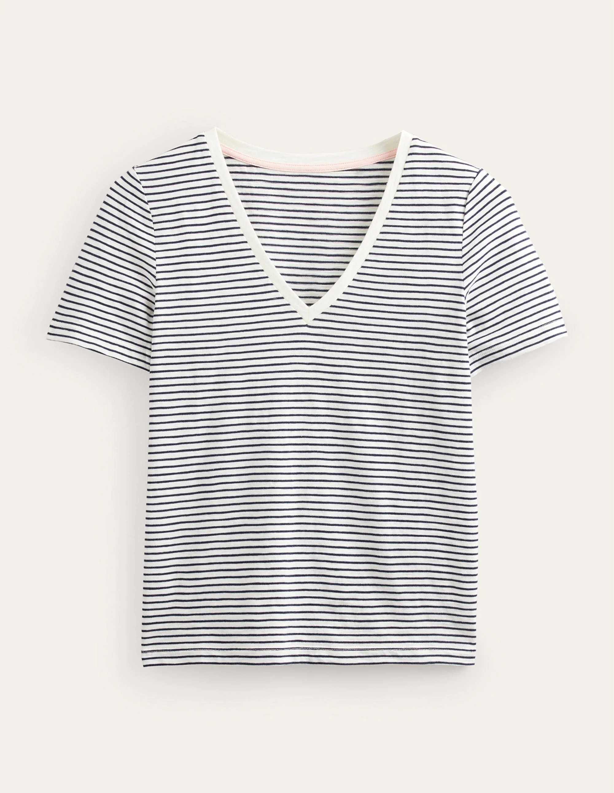 Regular V-Neck Slub T-shirt-Ivory, Navy - Image 5