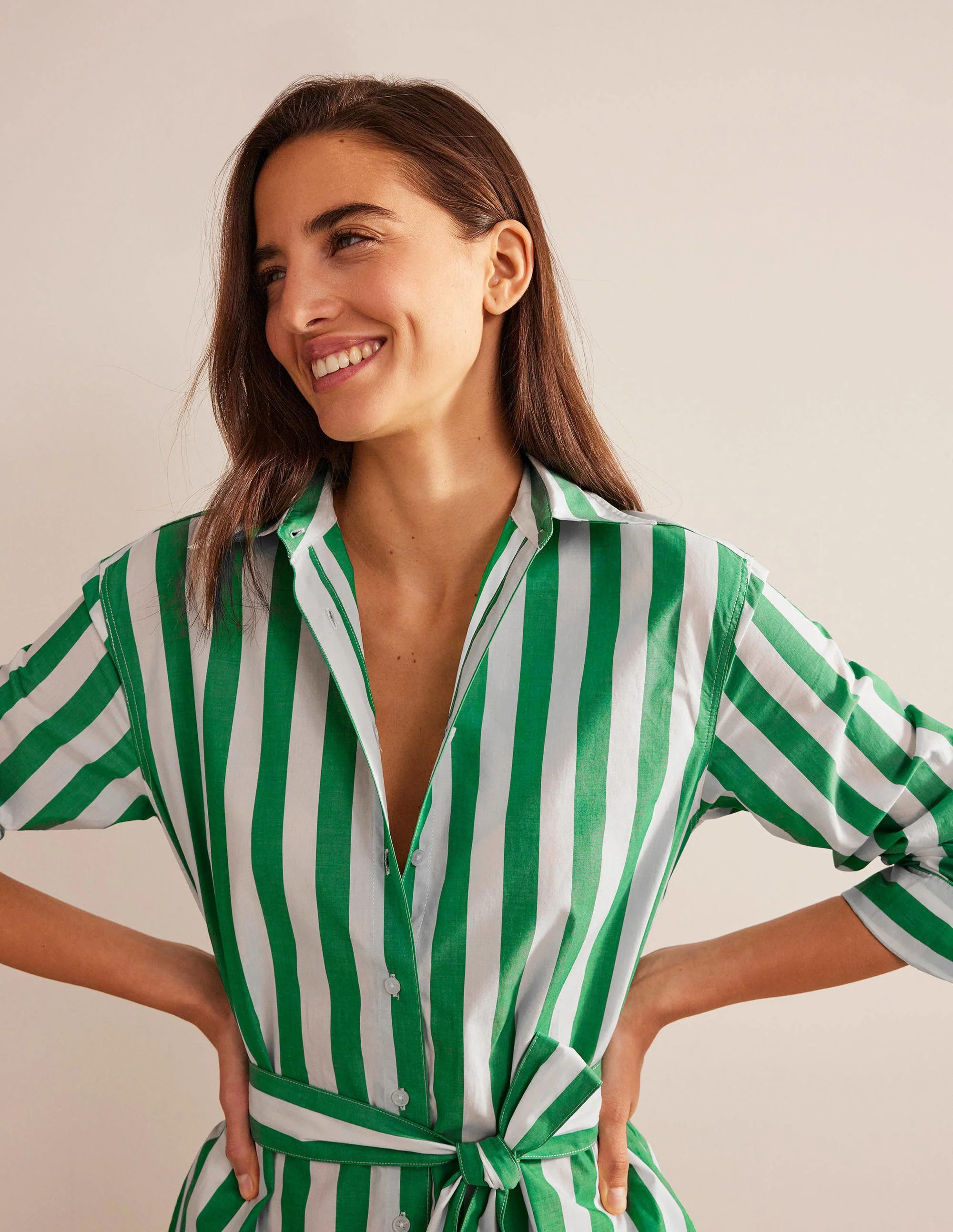 Relaxed Cotton Shirt Dress-Rich Emerald and Ivory - Image 2