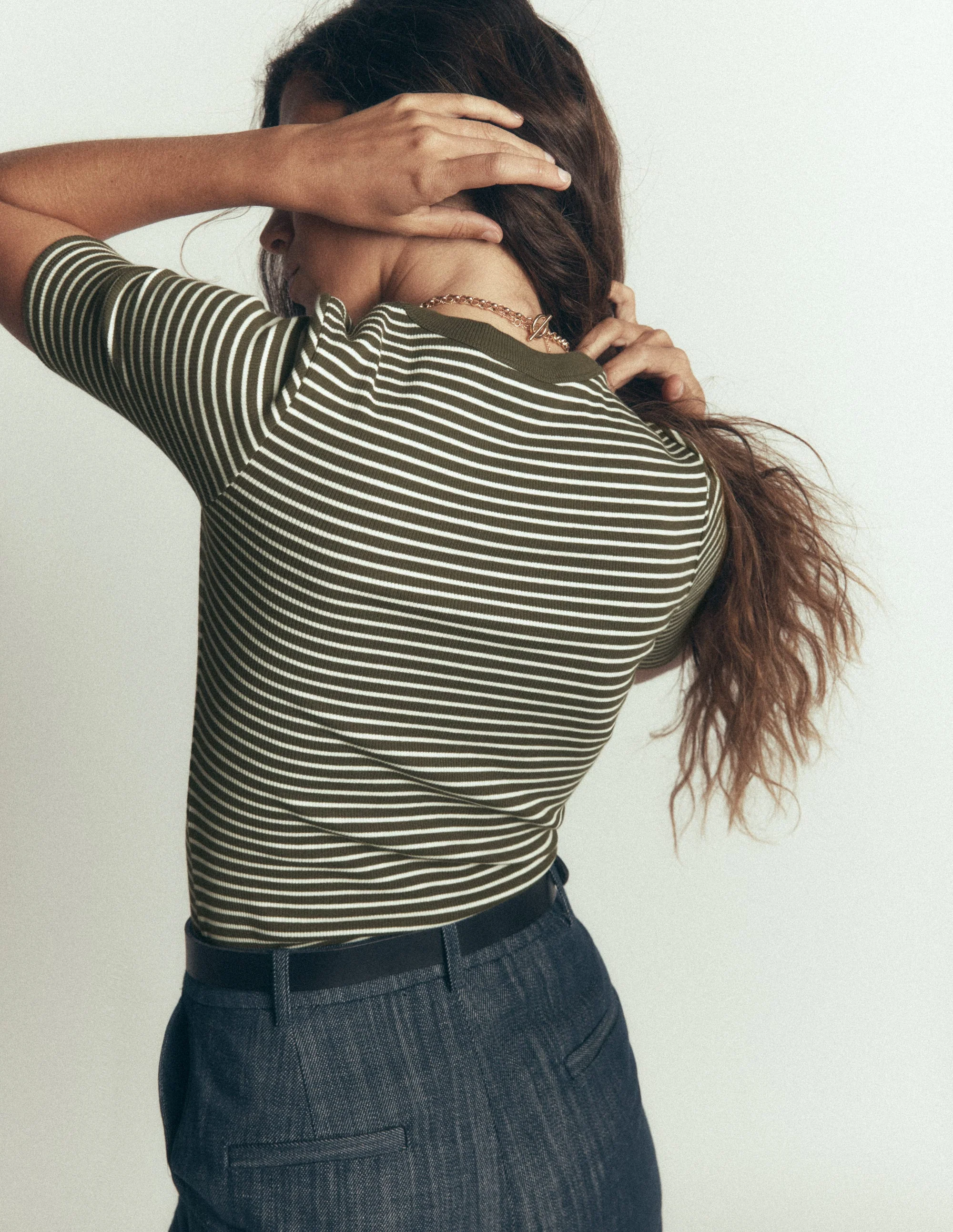 Ribbed Cotton T-Shirt-Falcon Green and Ivory Stripe - Image 3
