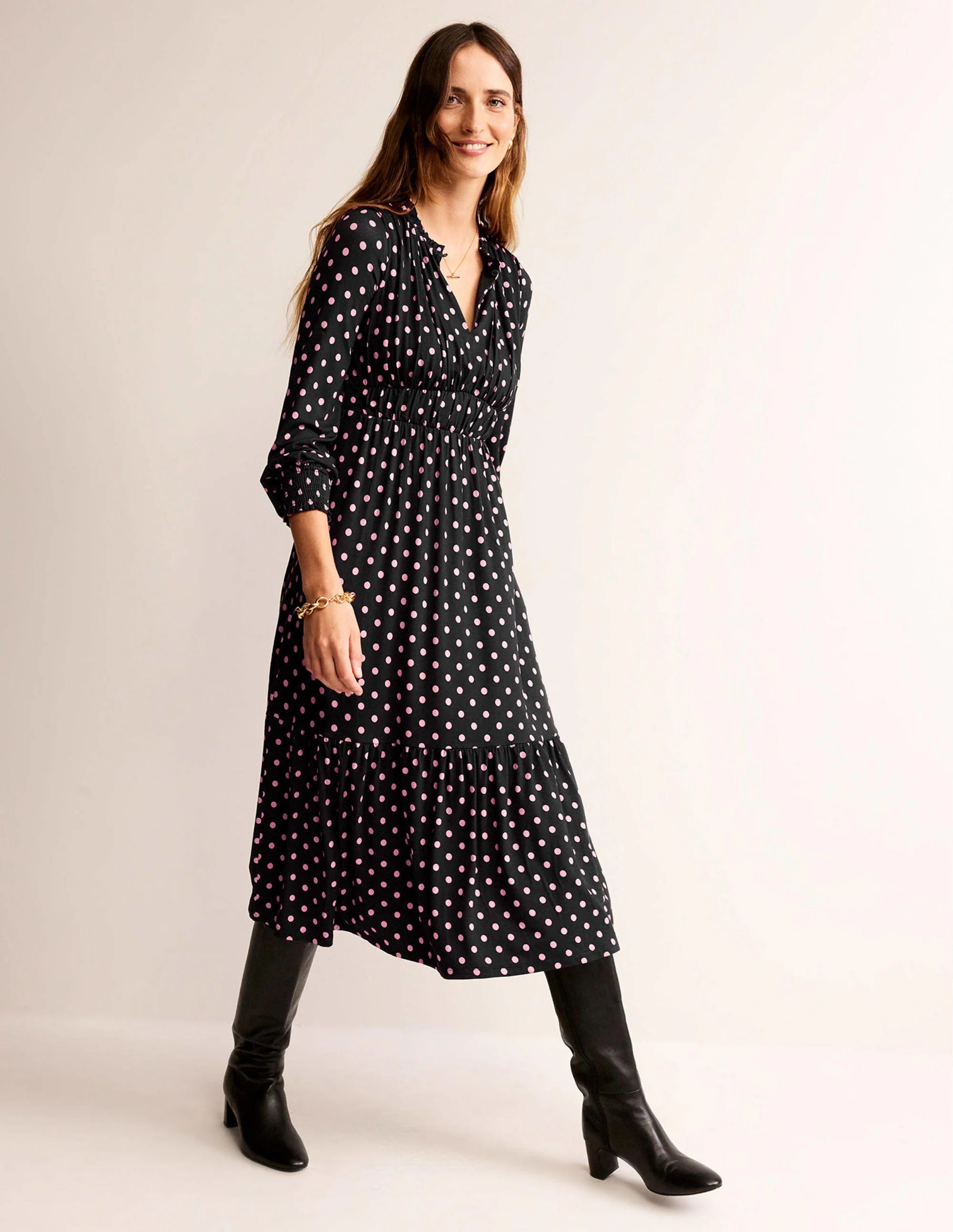 Rosanna Long Sleeve Tea Dress-Black, Spot