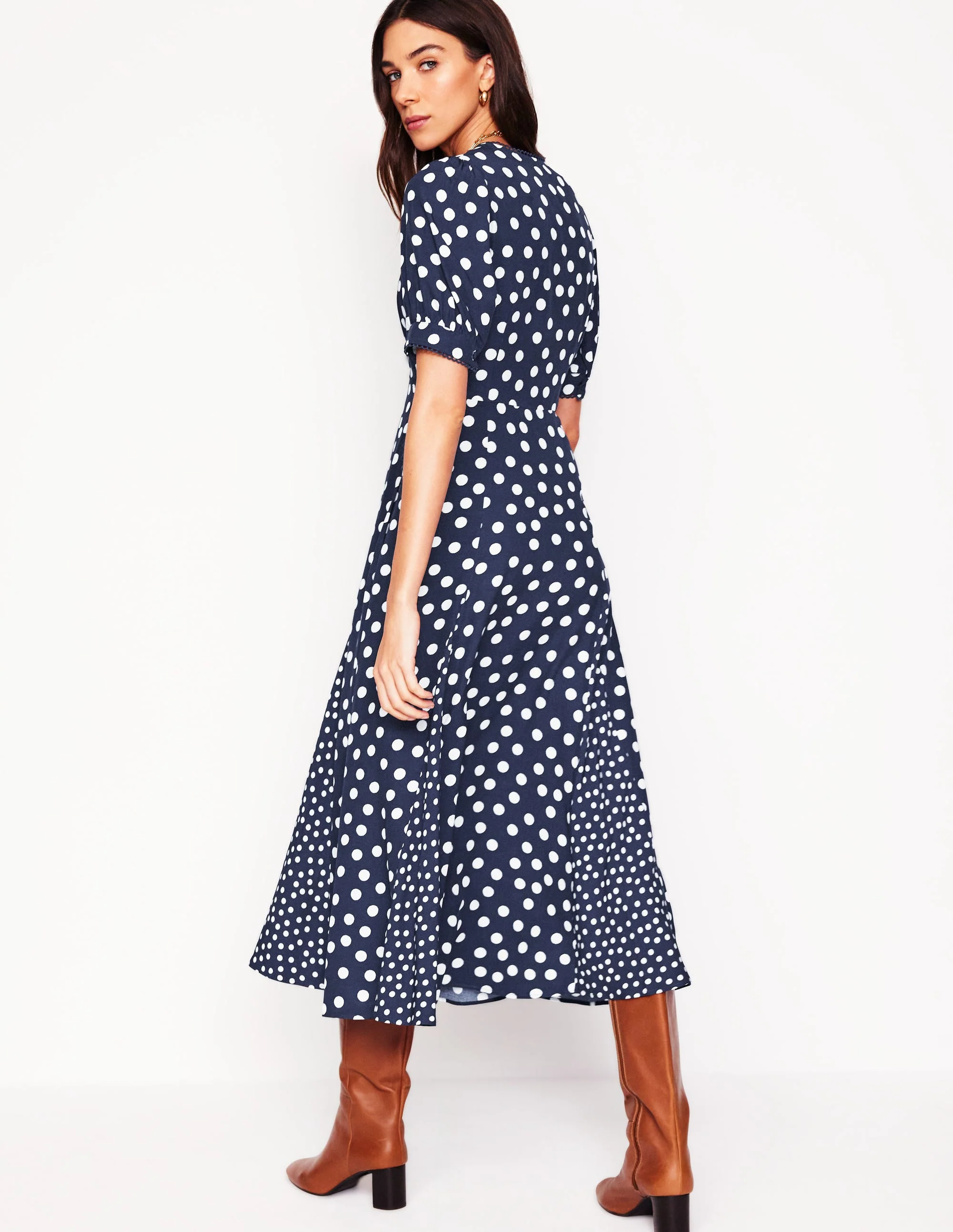 Rosie Godet Tea Dress-French Navy, Abstract Dot - Image 3