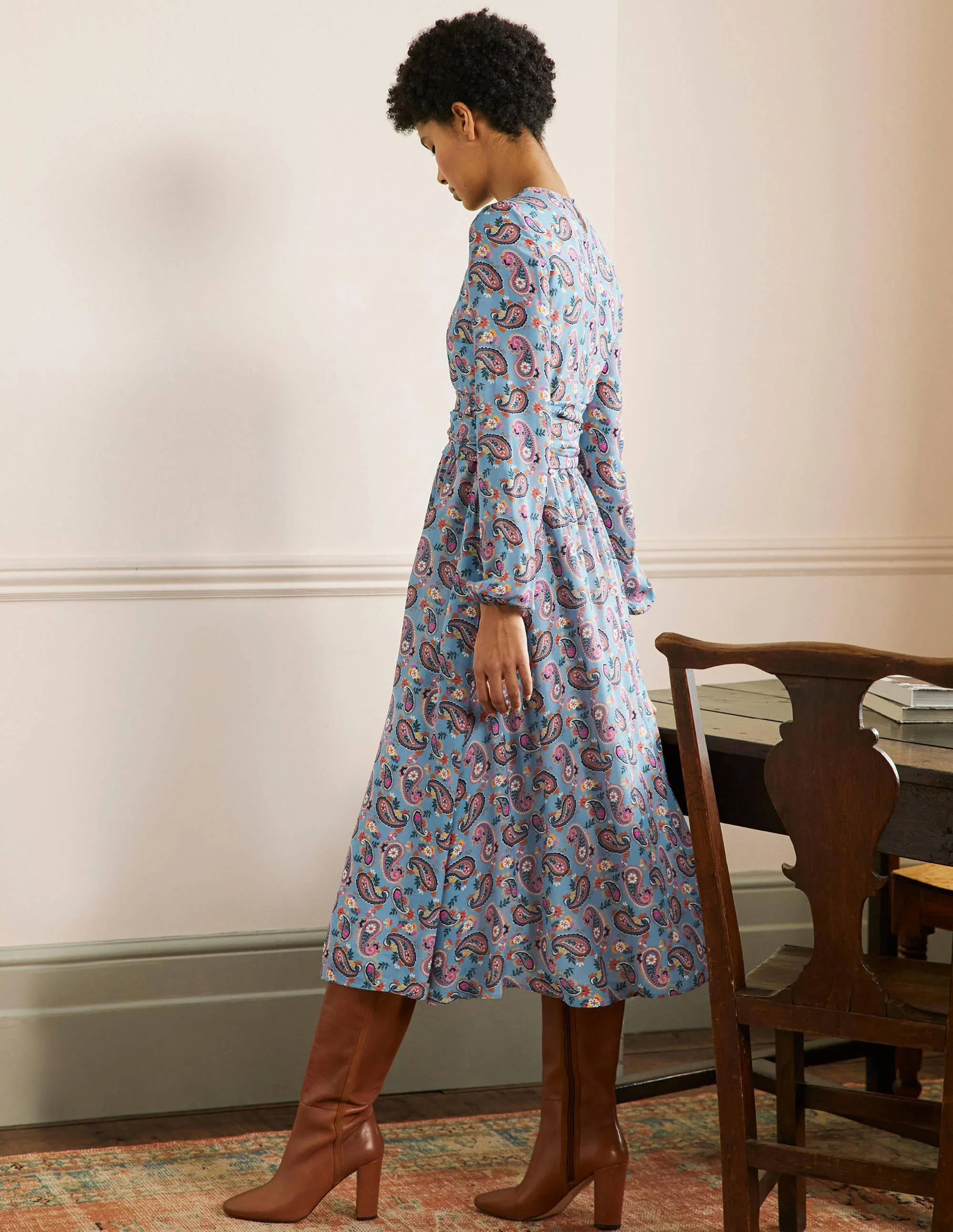 Ruched Waist Midi Dress-Dusty Blue, Paisley Bloom - Image 3