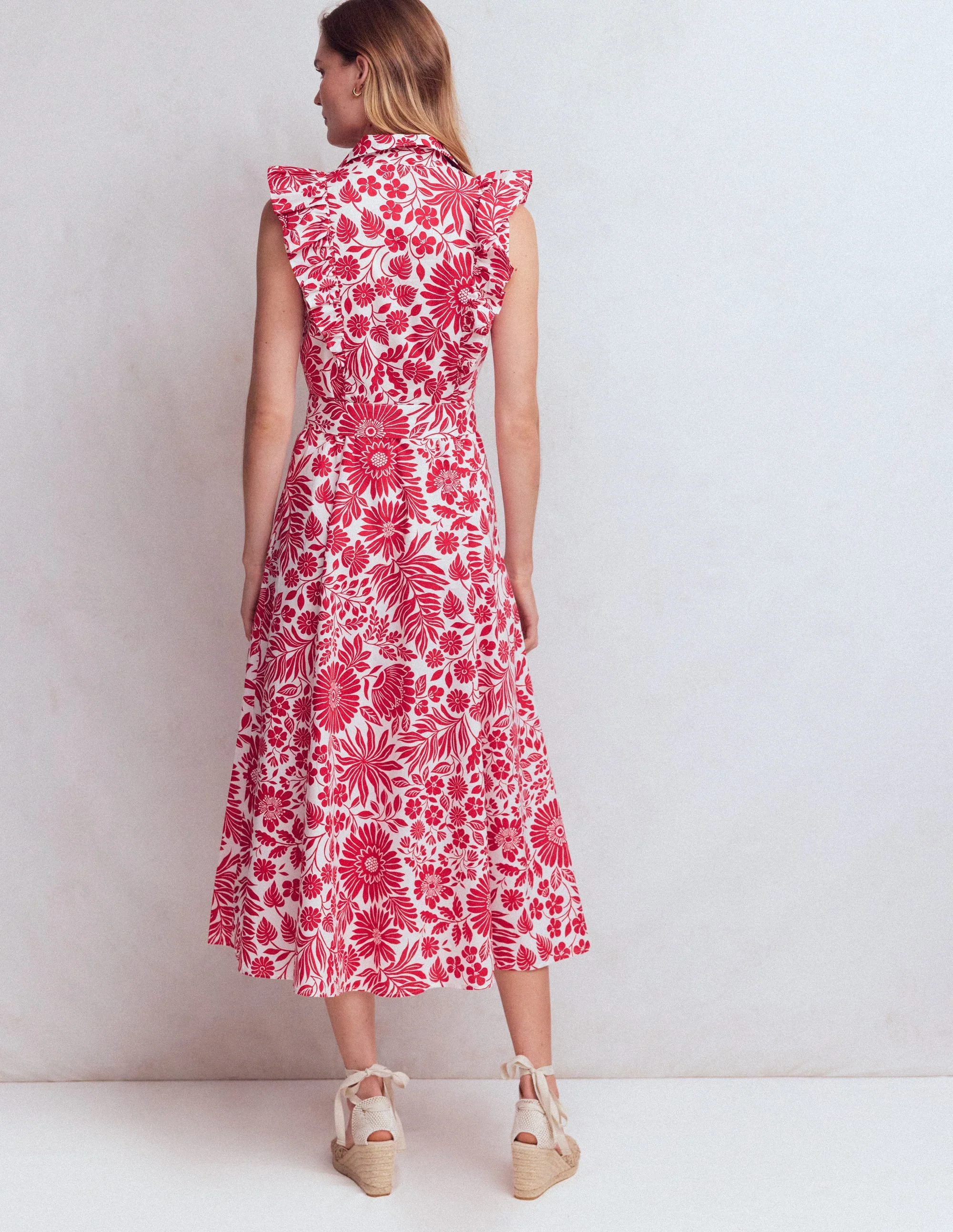 Ruffle Bodice Shirt Dress-Merida Red, Flowerbed Bloom - Image 3