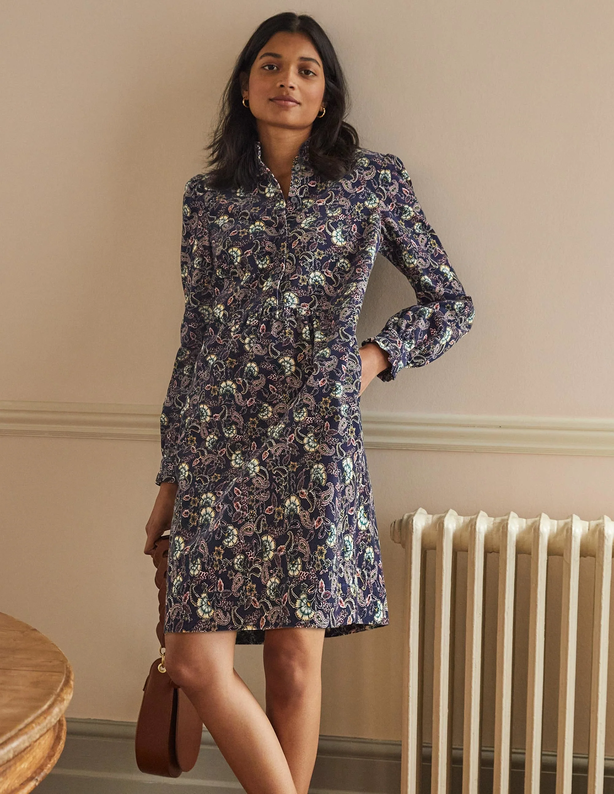 Ruffle Neck Cord Dress-French Navy, Exotic Floral