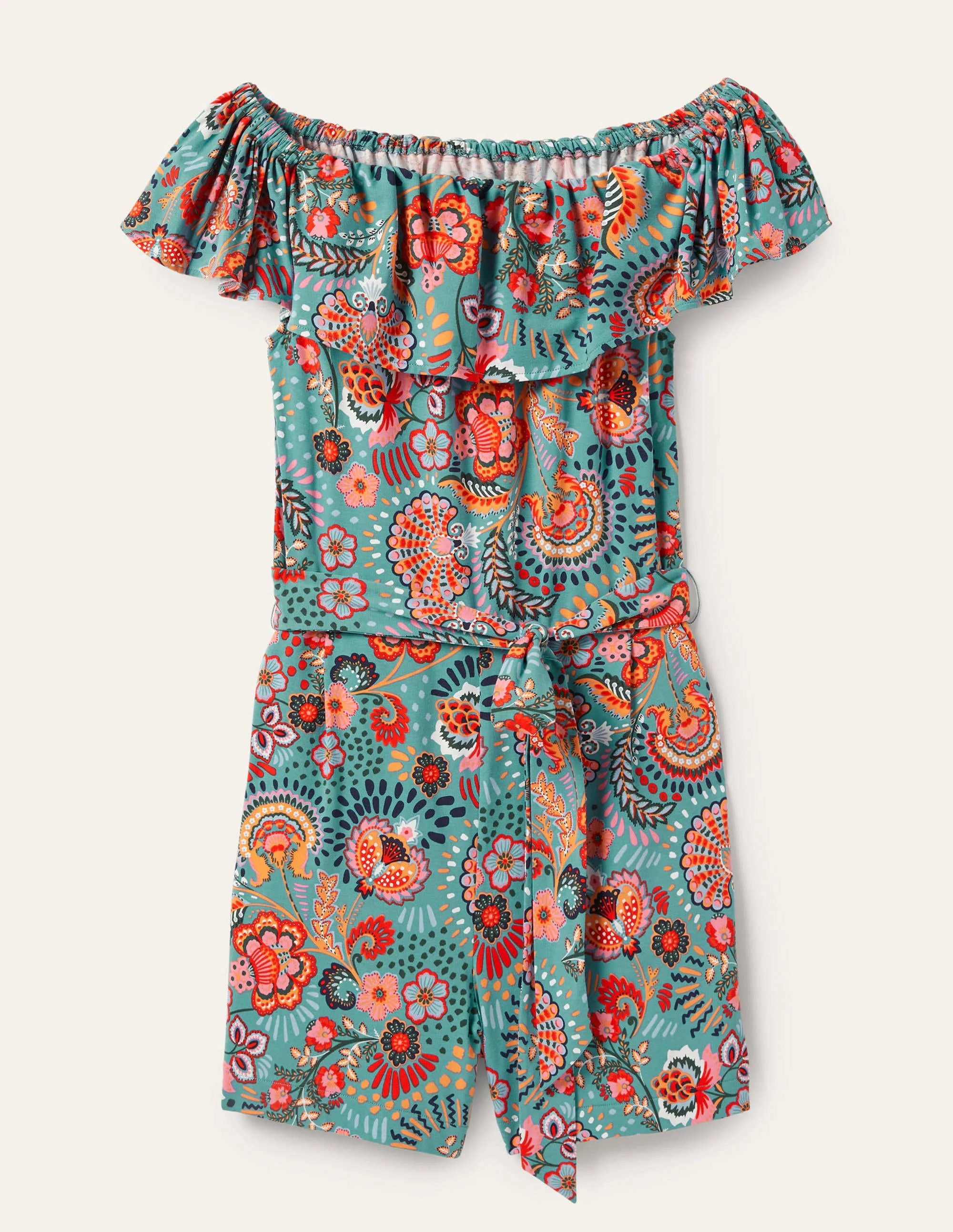 Ruffle Neck Jersey Playsuit-Larkspur, Decorative Meadow - Image 5