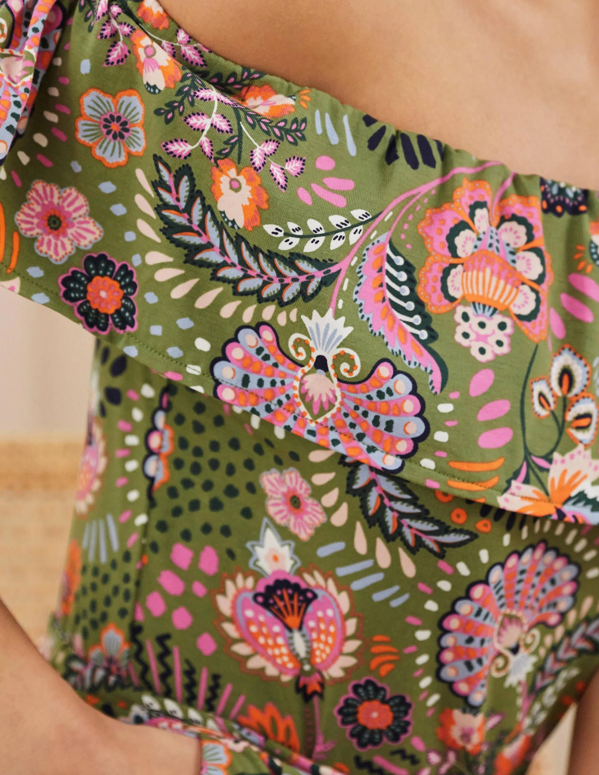 Ruffle Neck Jersey Playsuit-Pea, Decorative Meadow - Image 2