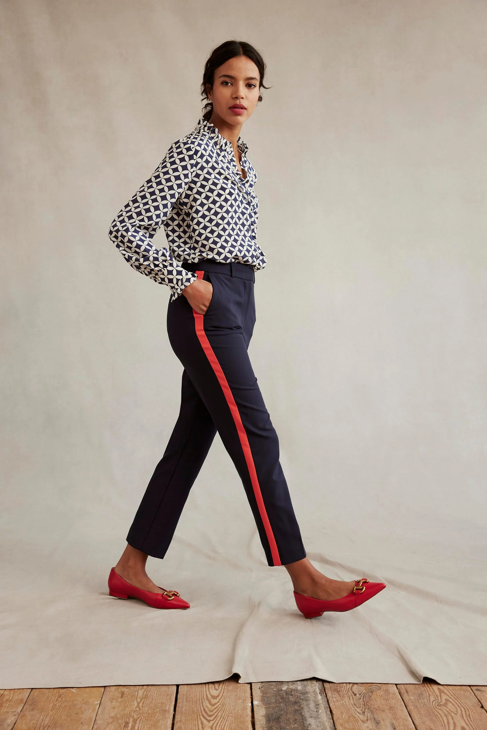 Ruffle Neck Silk Blouse-Navy, Diamond Terrace - Image 6