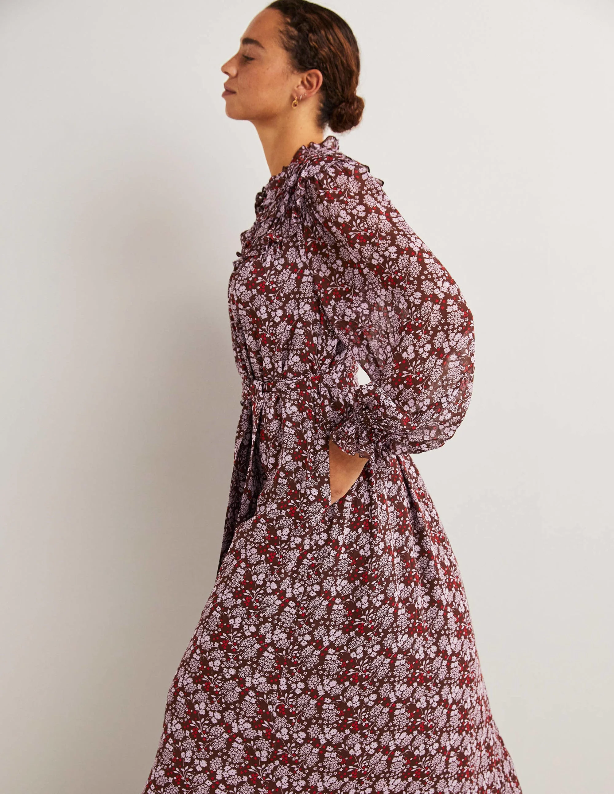 Ruffle Yoke Midi Shirt Dress-Deep Mahogny, Prairie Garden - Image 4