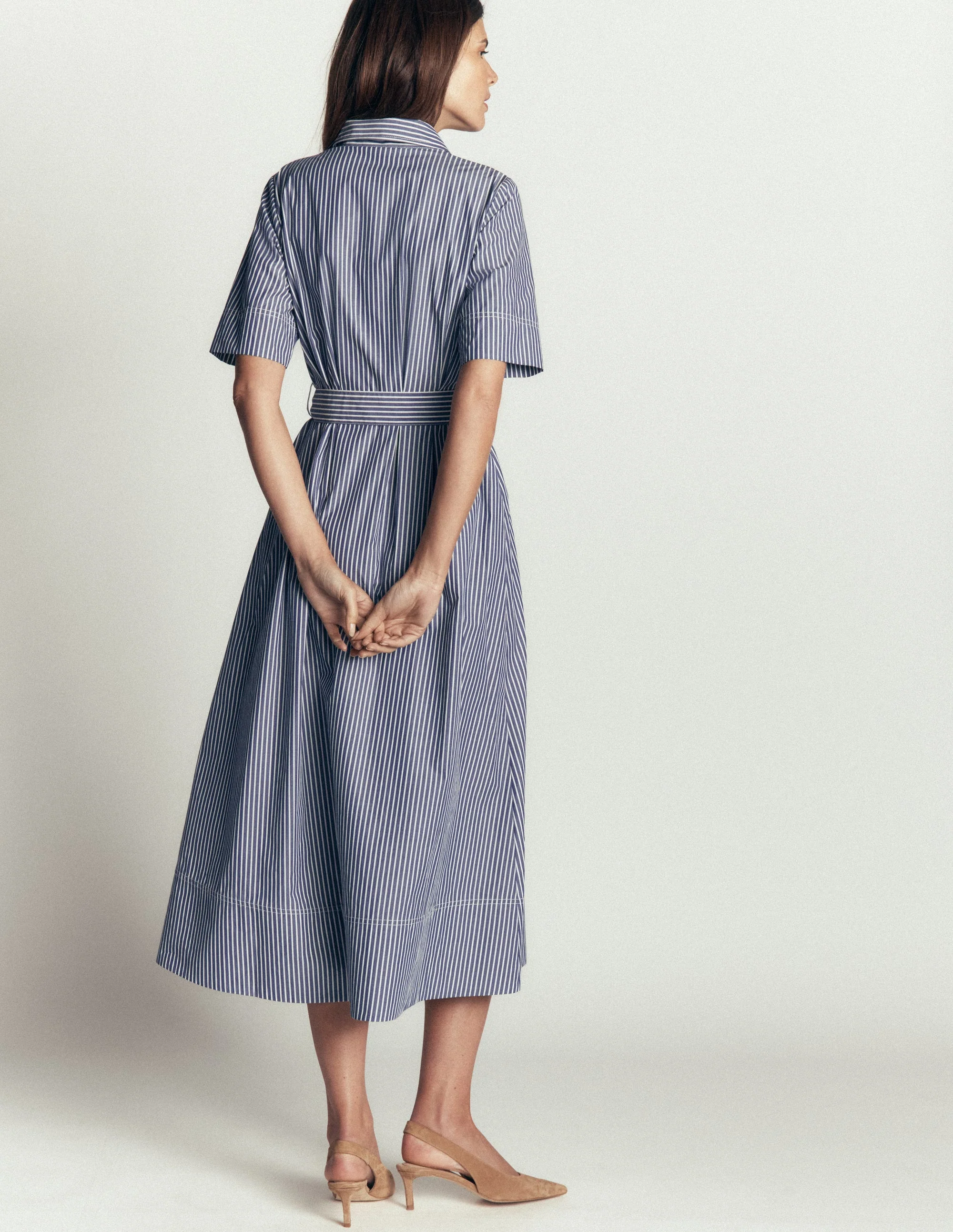 Sarah Cotton Midi Shirt Dress-Navy Ivory Fine Stripe - Image 3