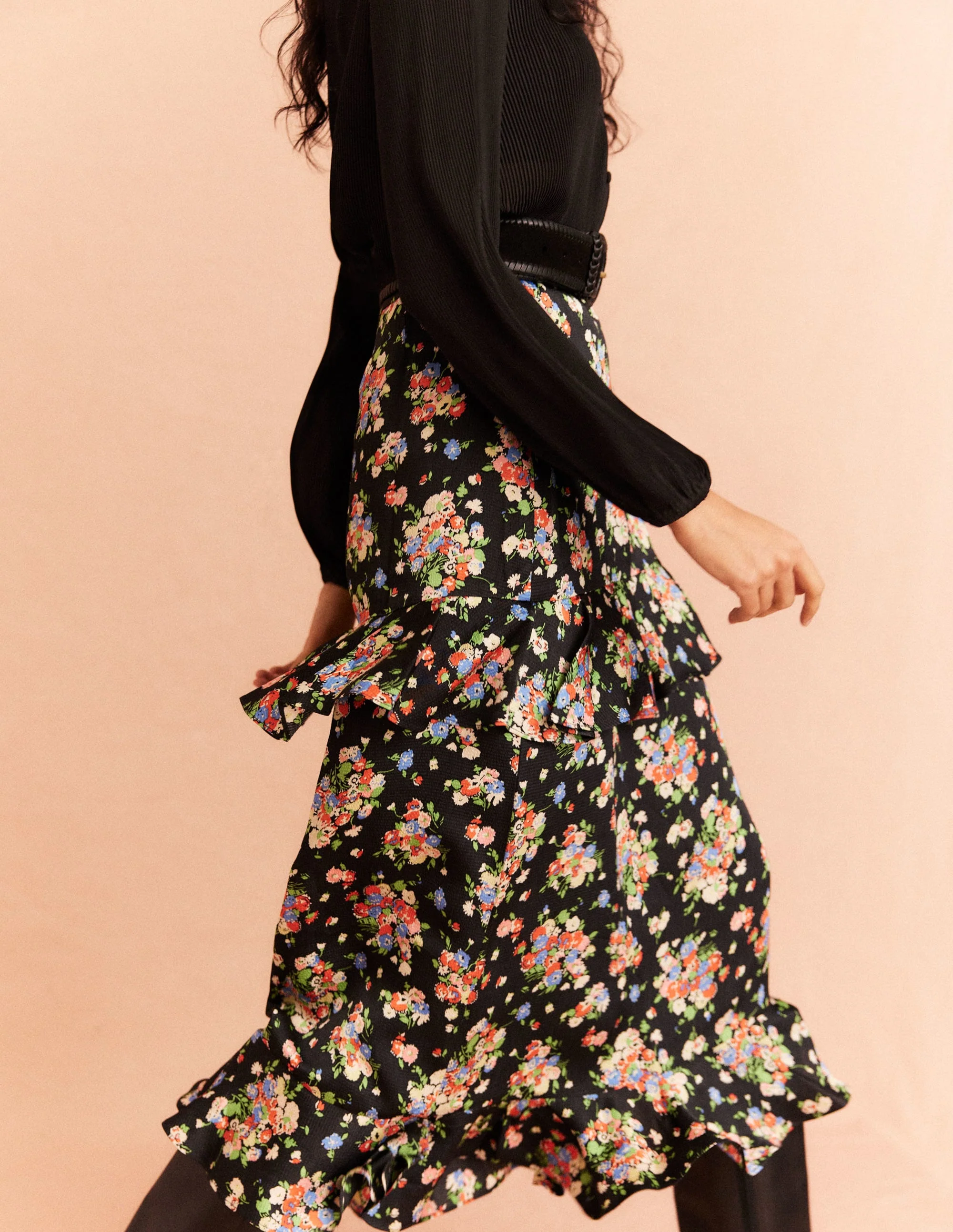 Satin Ruffle Midi Skirt-Black, Wild Cluster - Image 7