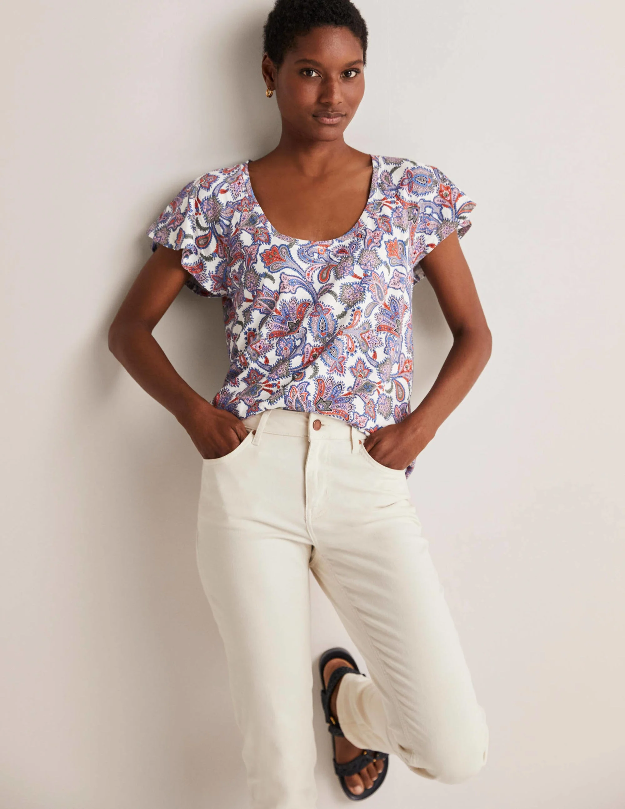 Scoop Flutter Sleeve T-Shirt-Ivory, Paisley Bud
