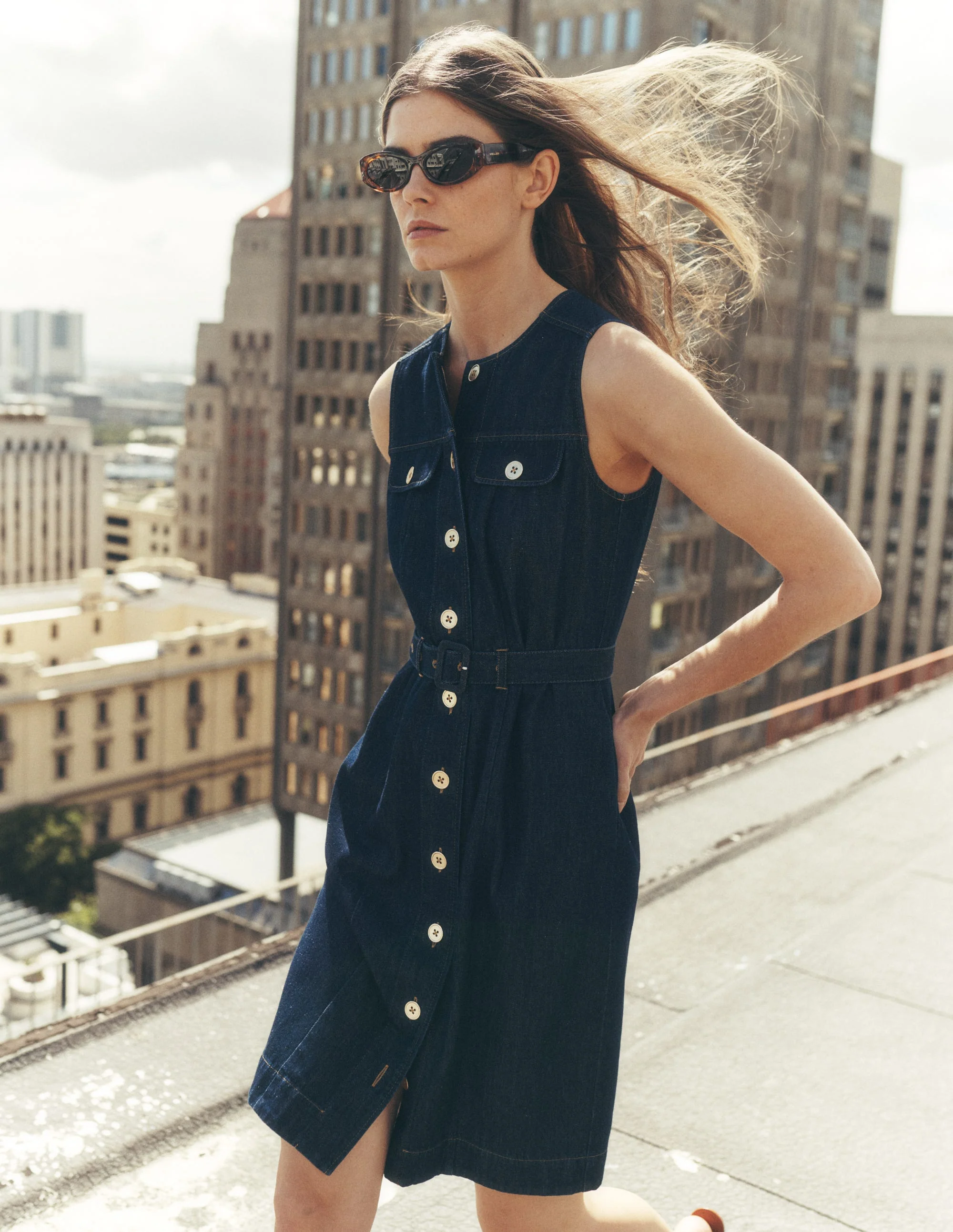 Short Gold Button Denim Dress-Indigo - Image 5