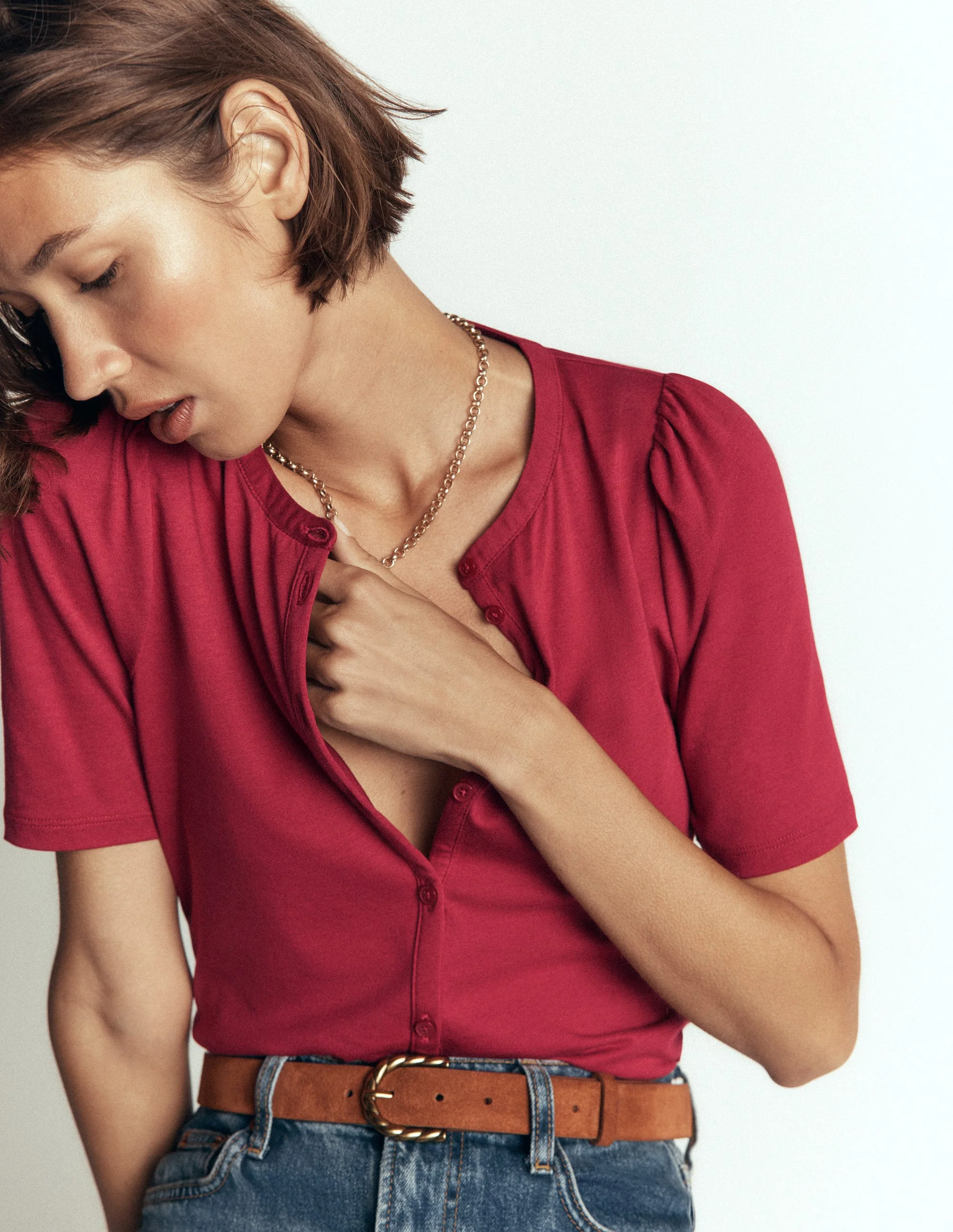 Short Puff Sleeve Top-Red Earth - Image 5