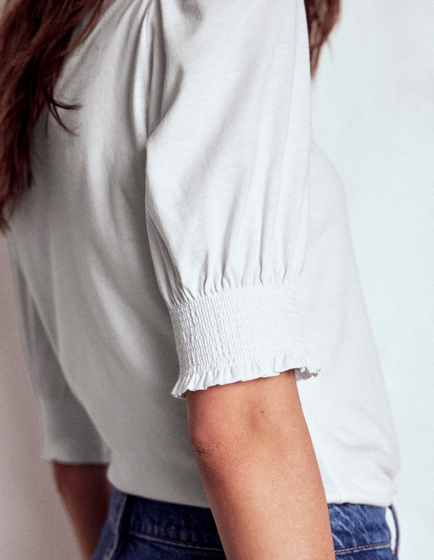 Short Sleeve Smocked Cuff Top-White - Image 2