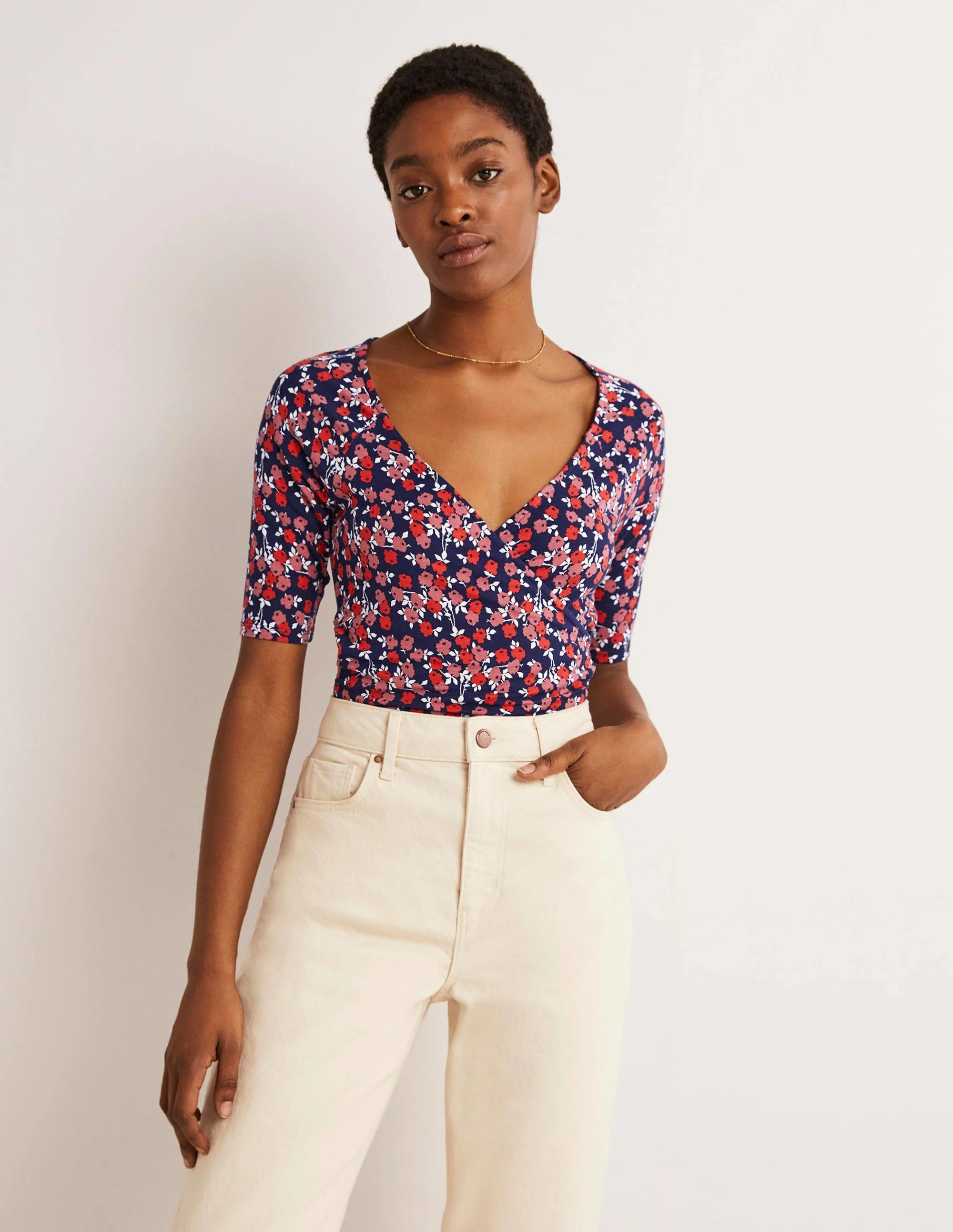 Short Sleeve Wrap Top-Cherry Red, Abstract Sprig - Image 5