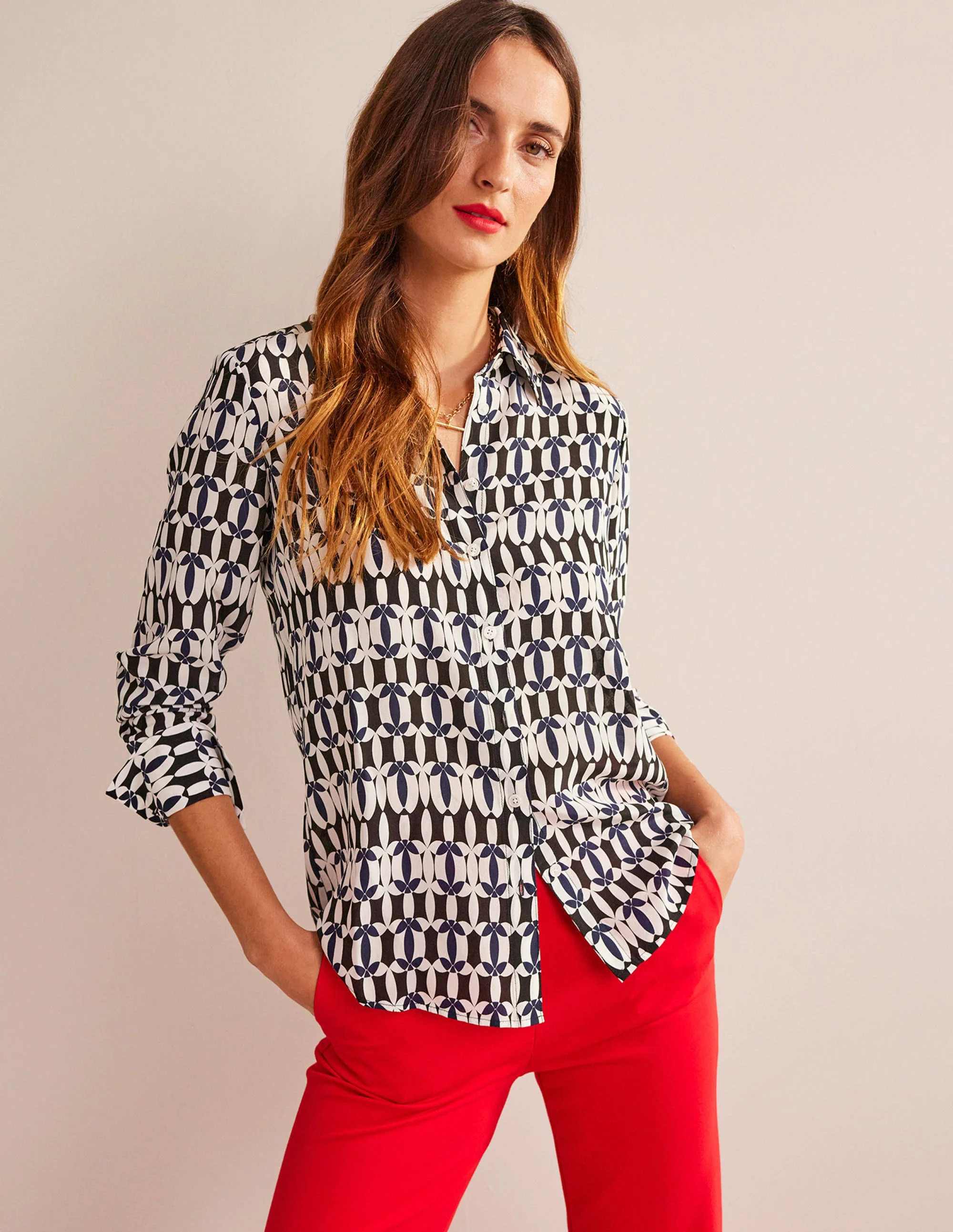 Sienna Silk Shirt-Black, Geometric