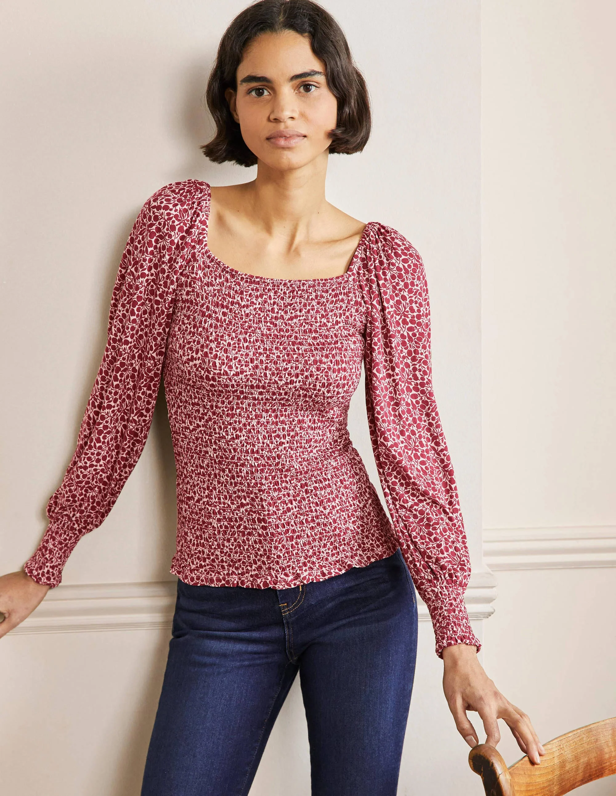 Smocked Bodice Blouson Top-Sumac Red, Flora Sprig - Image 4