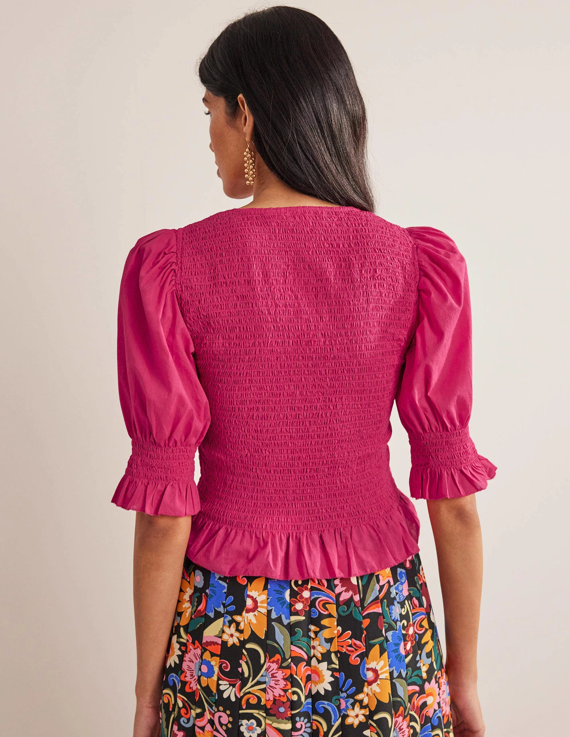 Smocked Bodice Crop Top-Virtual Pink - Image 3