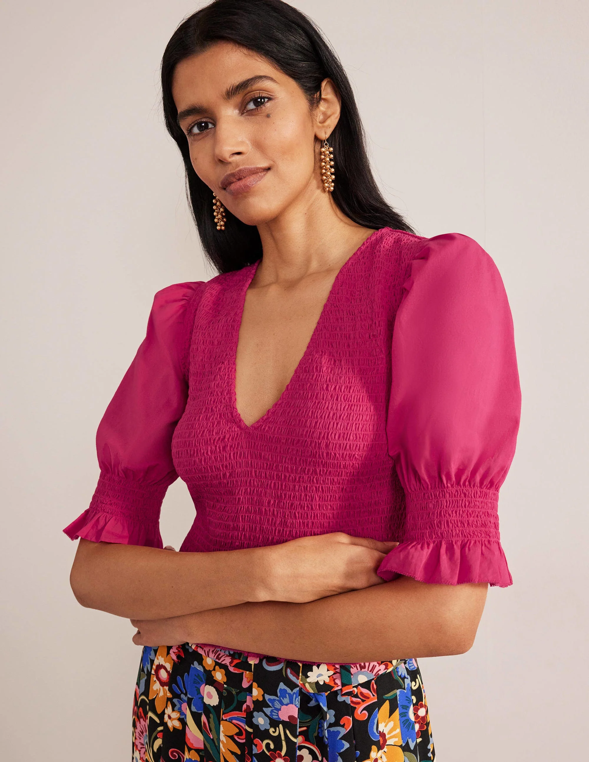 Smocked Bodice Crop Top-Virtual Pink - Image 4