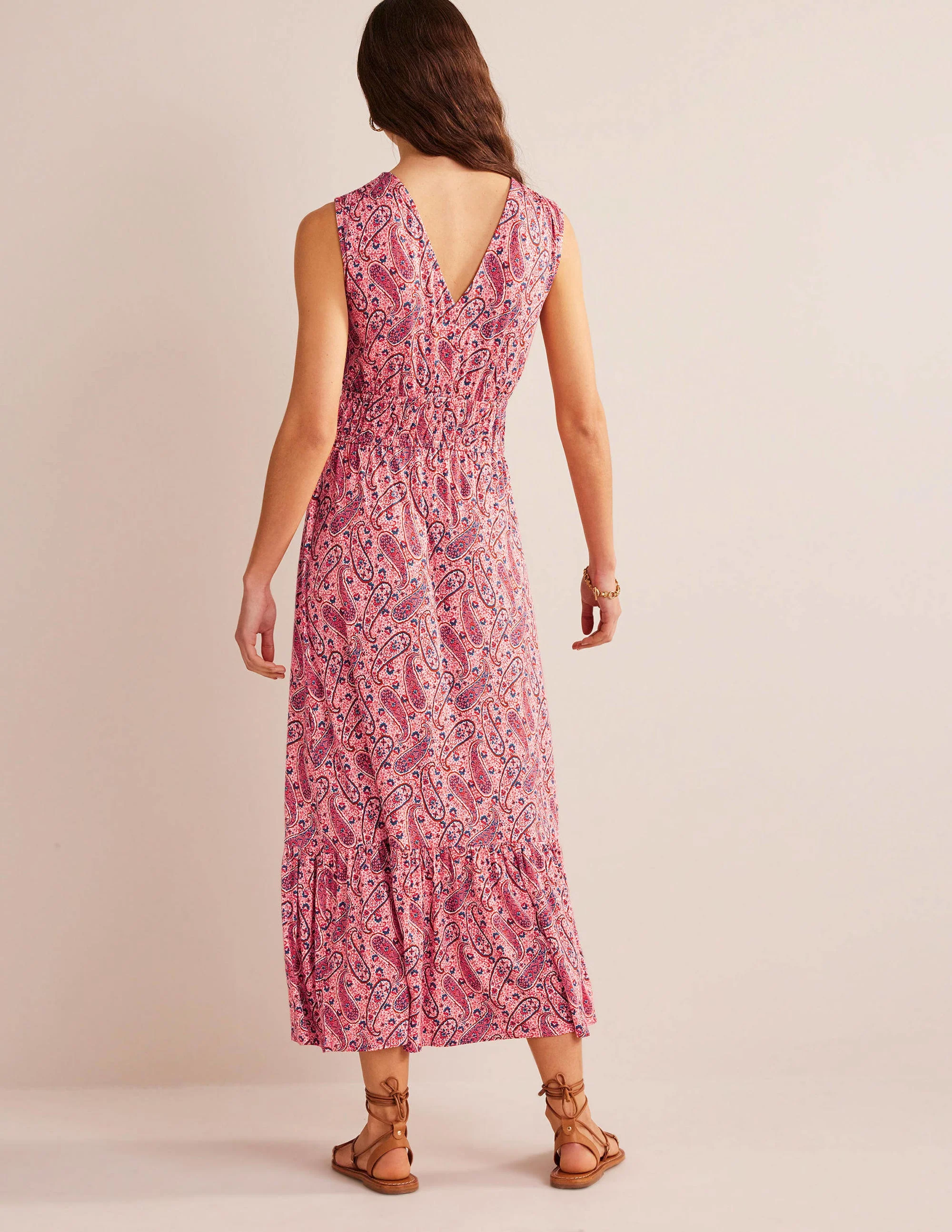 Smocked Jersey Maxi Dress-Pink Sherbet, Paisley Bloom - Image 3