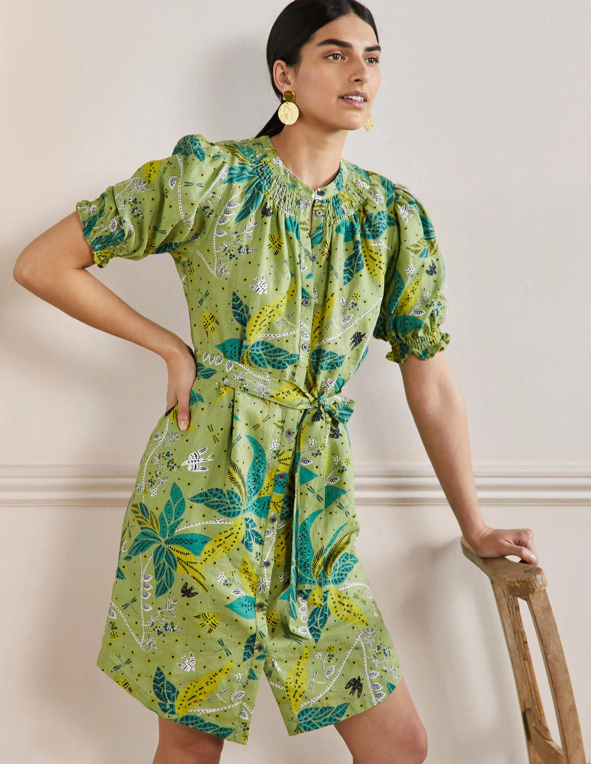 Smocked Linen Shirt Dress-Leaf, Oriental Cascade