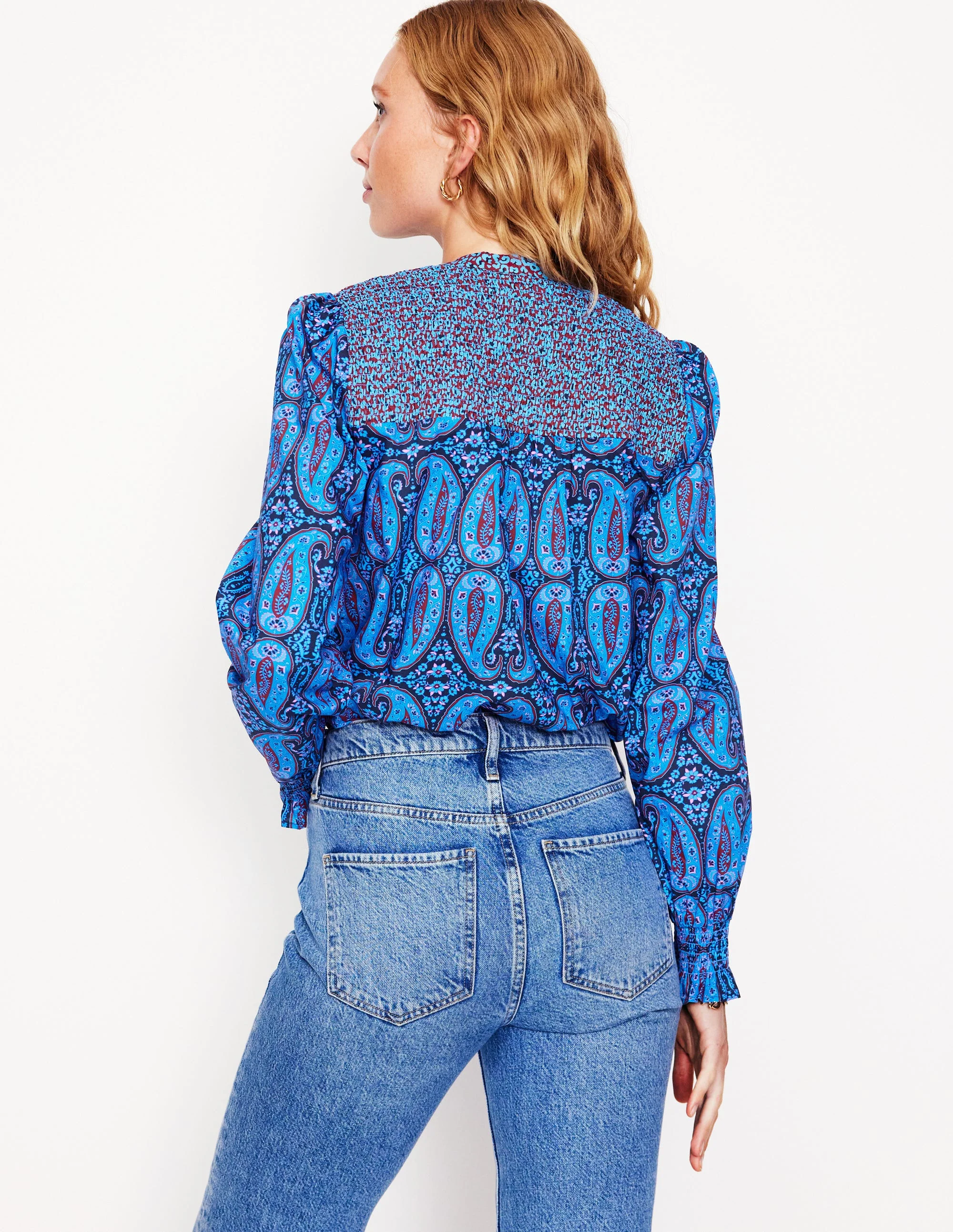 Smocked Yoke Cotton Blouse-Hotch Potch, Paisley Bud - Image 3