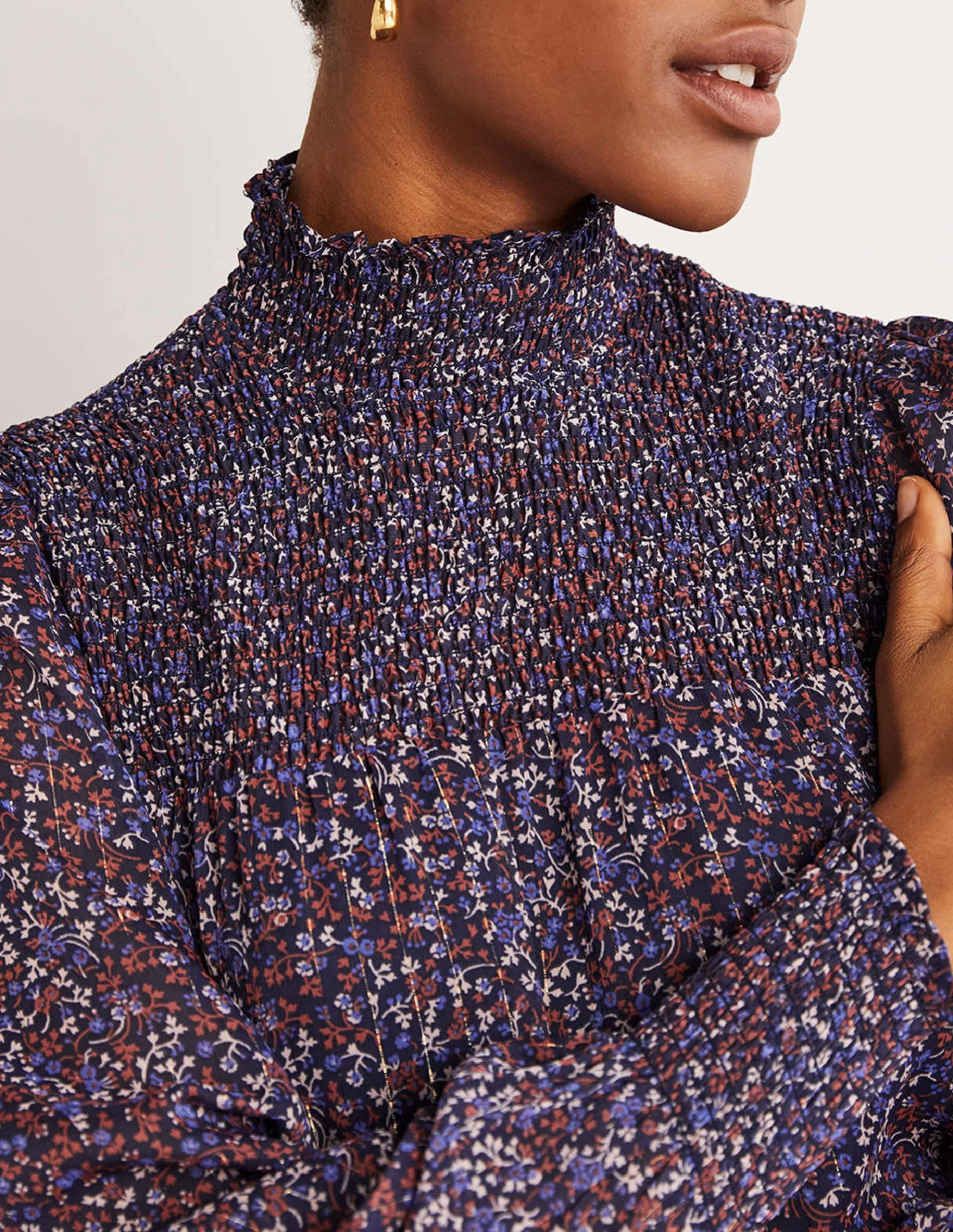 Smocked Yoke Metallic Dress-Navy, Wild Vine - Image 2