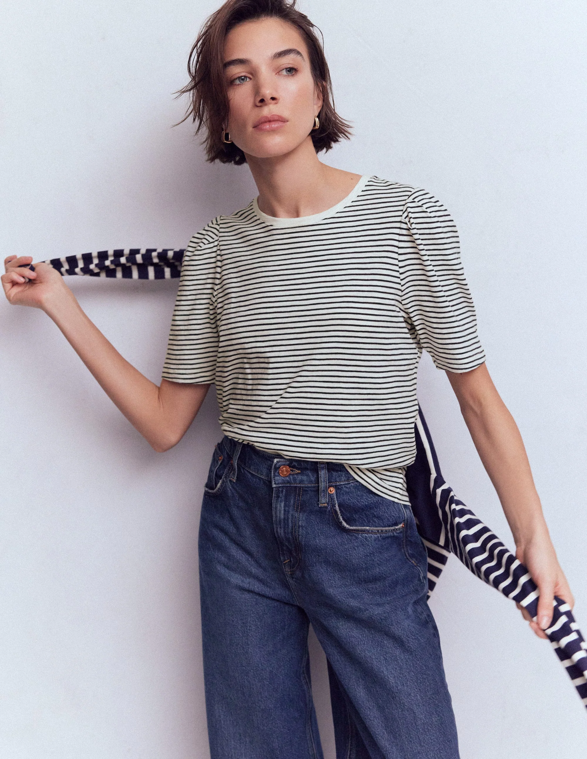 Sophie Puff Sleeve T-shirt-Navy and Ivory Stripe - Image 3