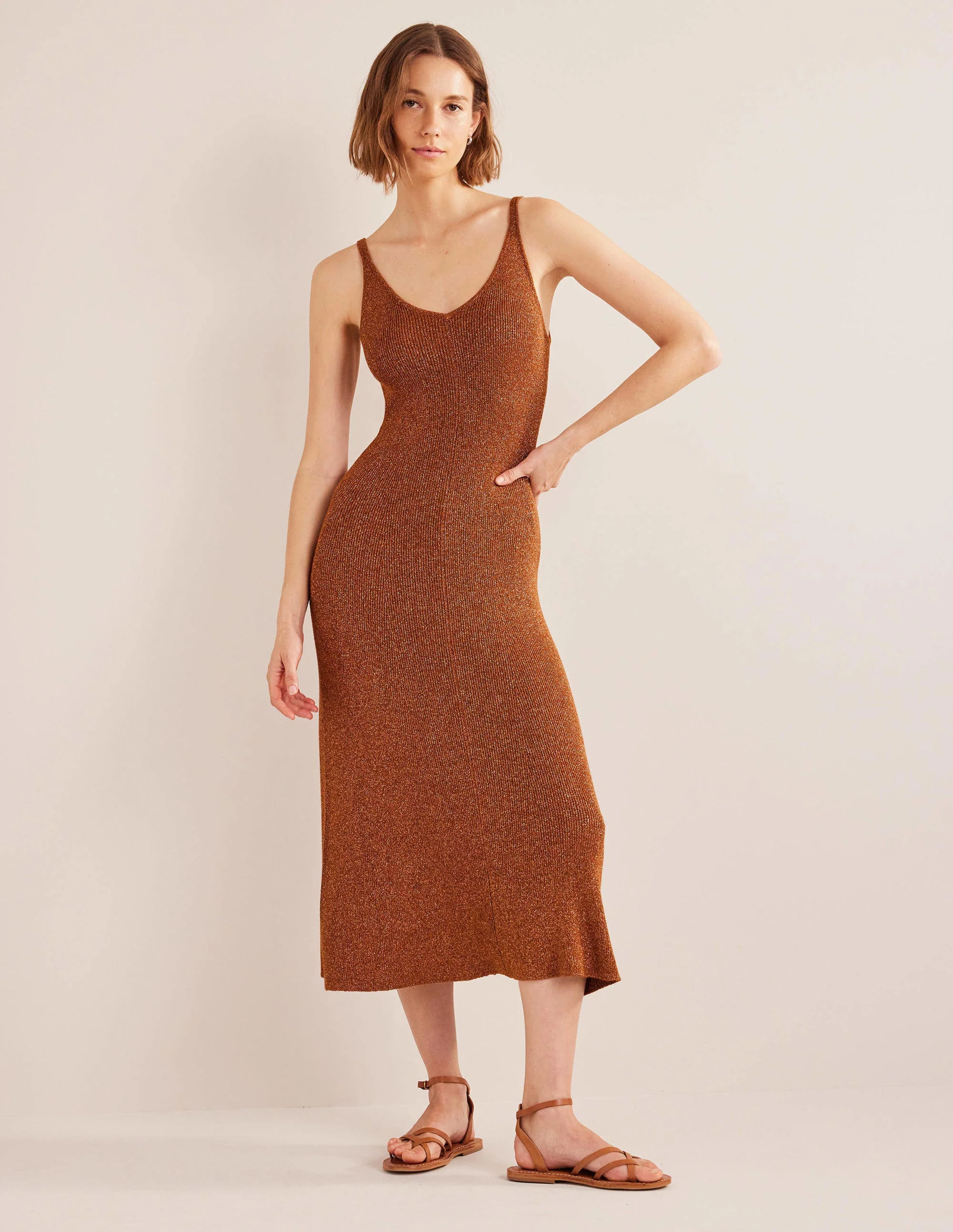 Sparkle Knitted Midi Dress-Cognac Bronze, Gold Sparkle