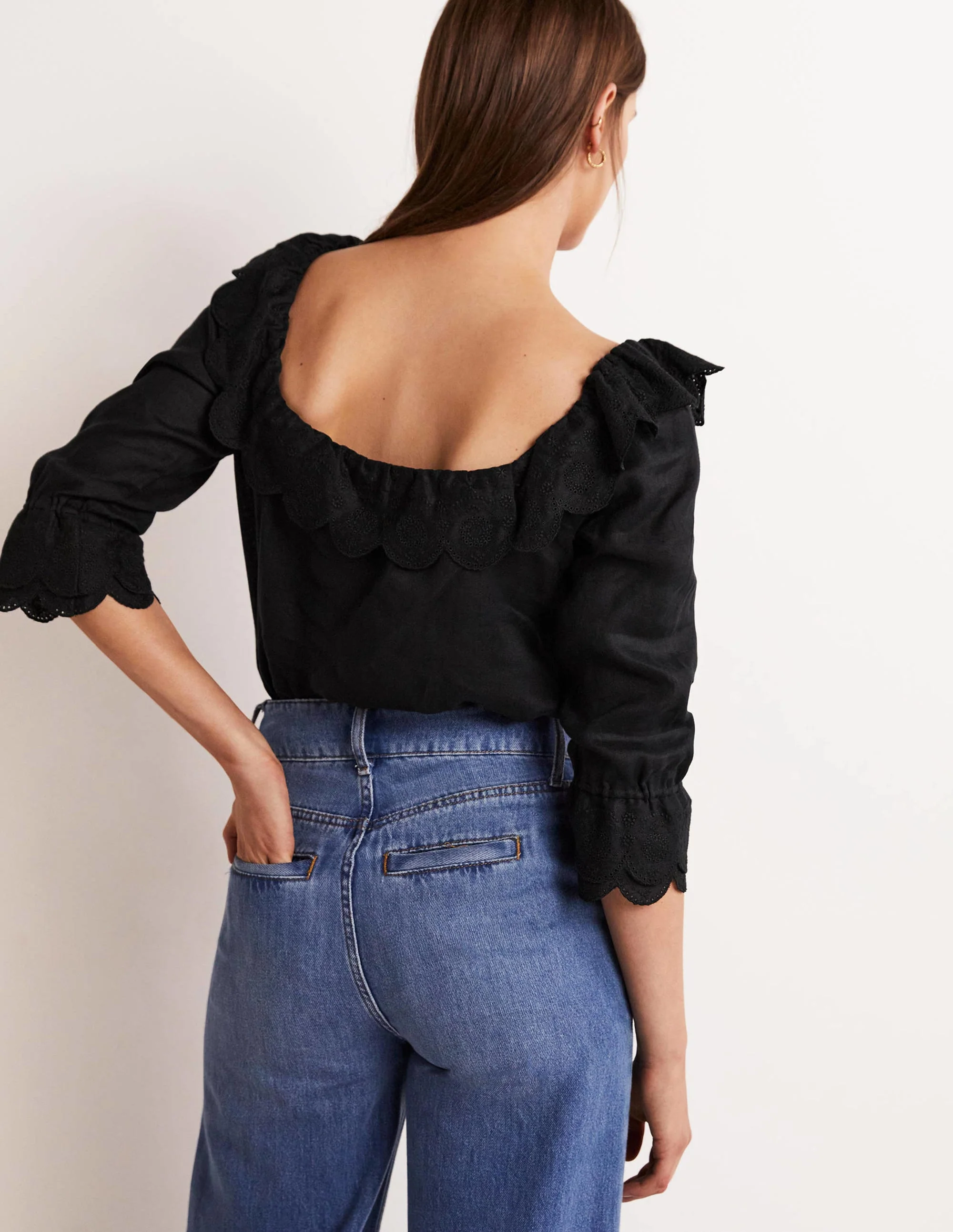 Square Neck Frill Linen Blouse-Black - Image 3
