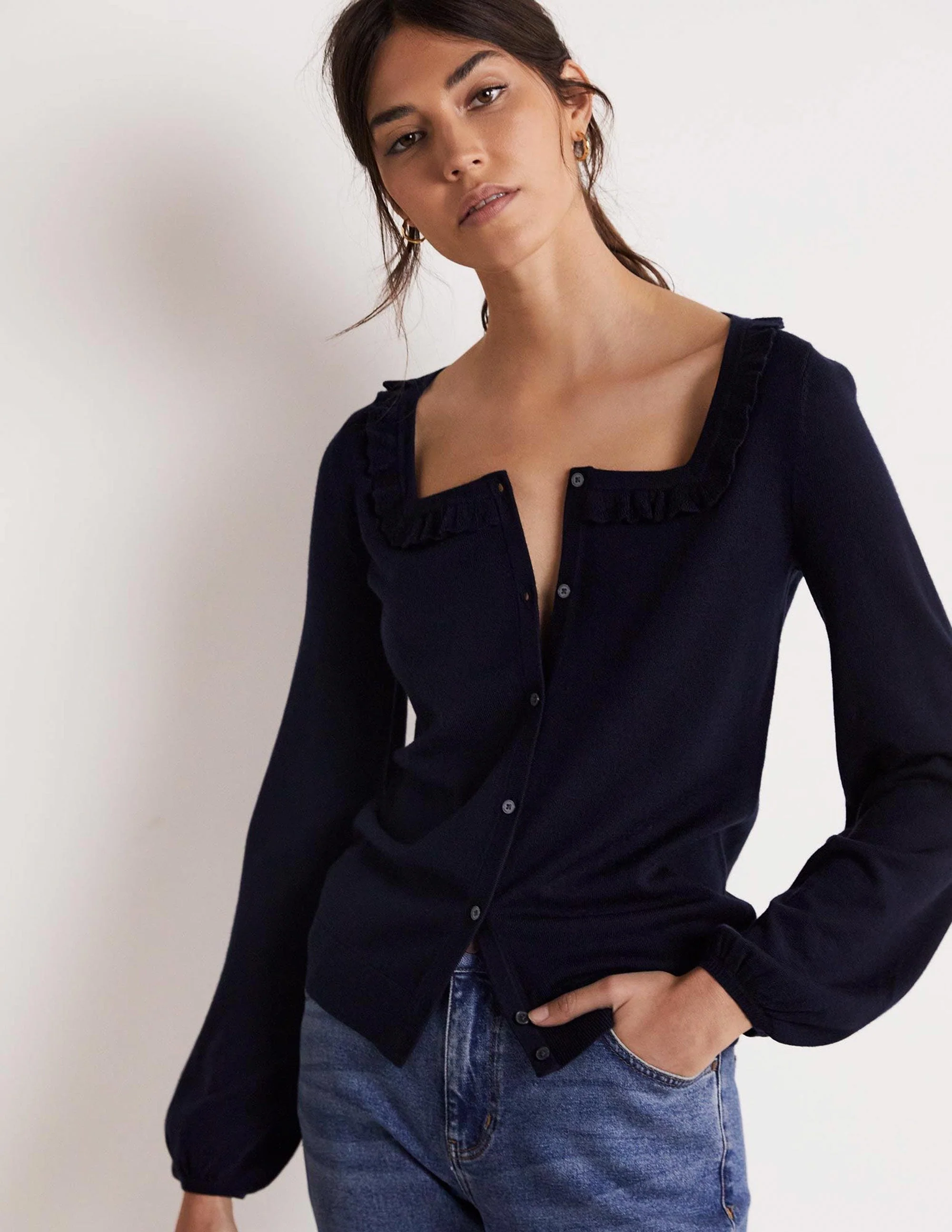 Square Neck Merino Cardigan-Navy - Image 5