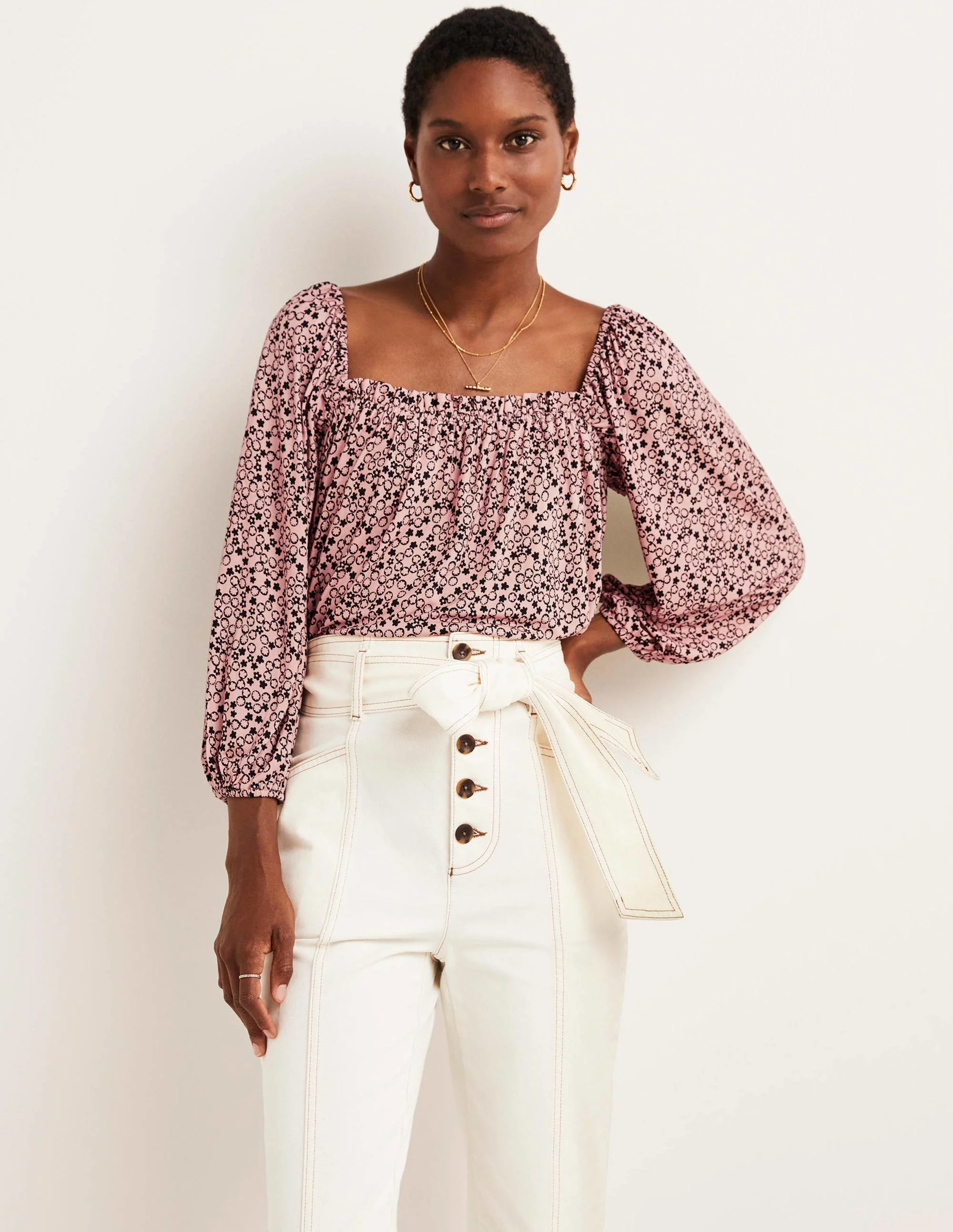 Square Neck Swing Jersey Top-Milkshake, Floral Pebble - Image 4