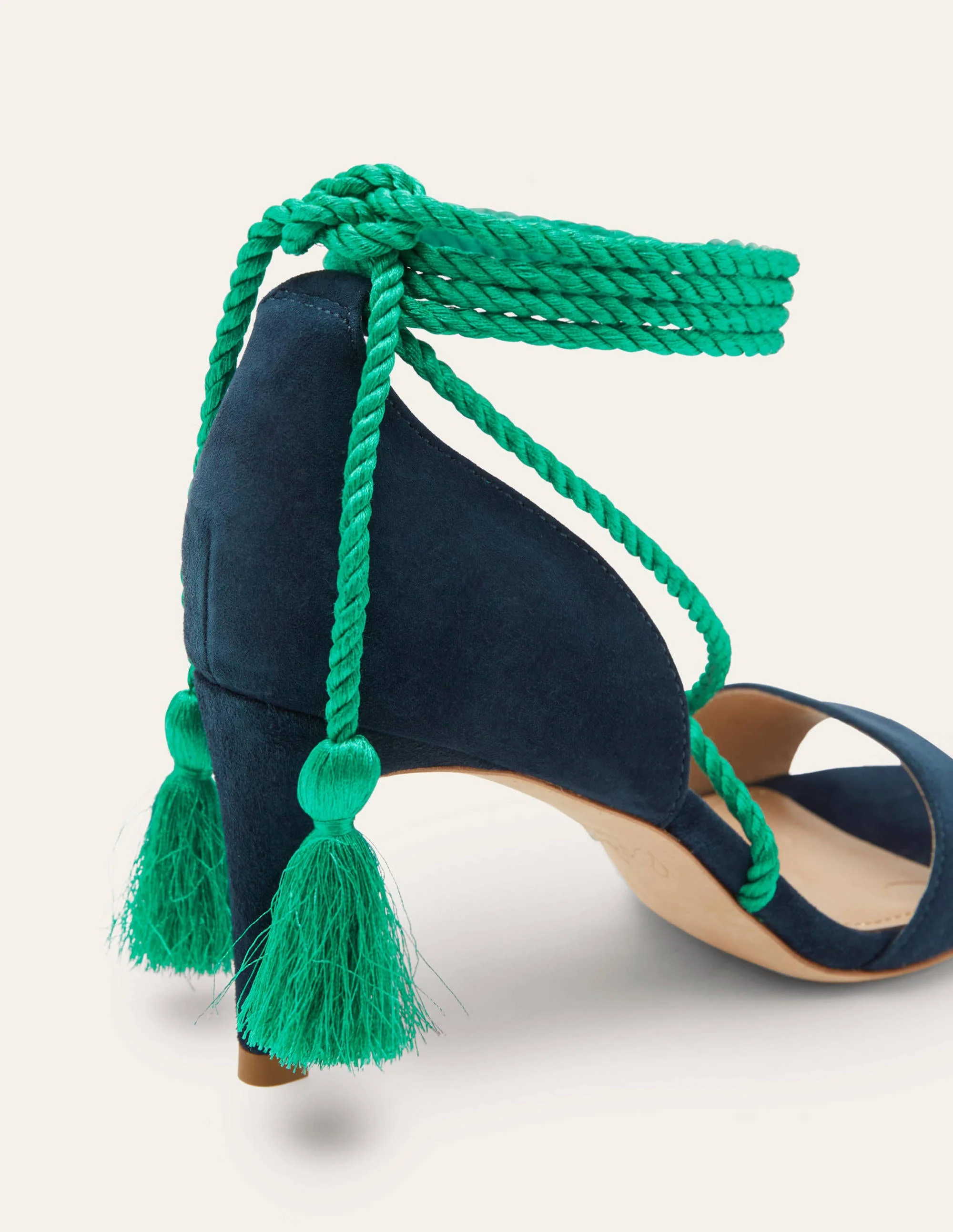 Suede Ankle Tie Heeled Sandals-Navy - Image 3